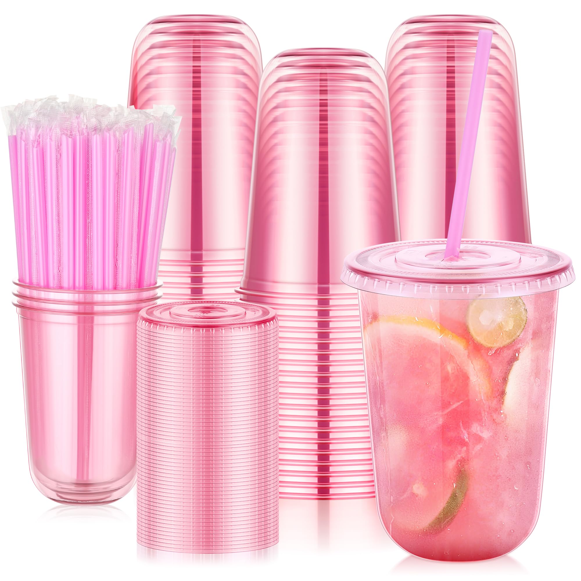 tchrules 100-Set Plastic Cups with Lids and Straws
