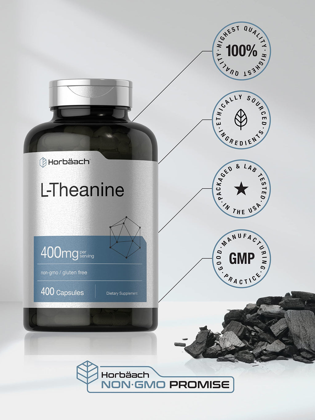 Horbäach L-Theanine 400 mg Supplement | Non-GMO Gluten Free

