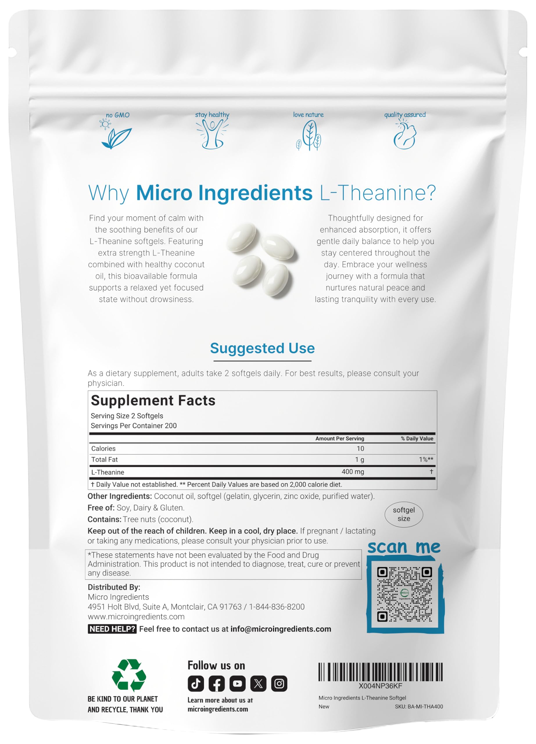 Micro Ingredients L-Theanine 400 mg Softgels | Calming Focus

