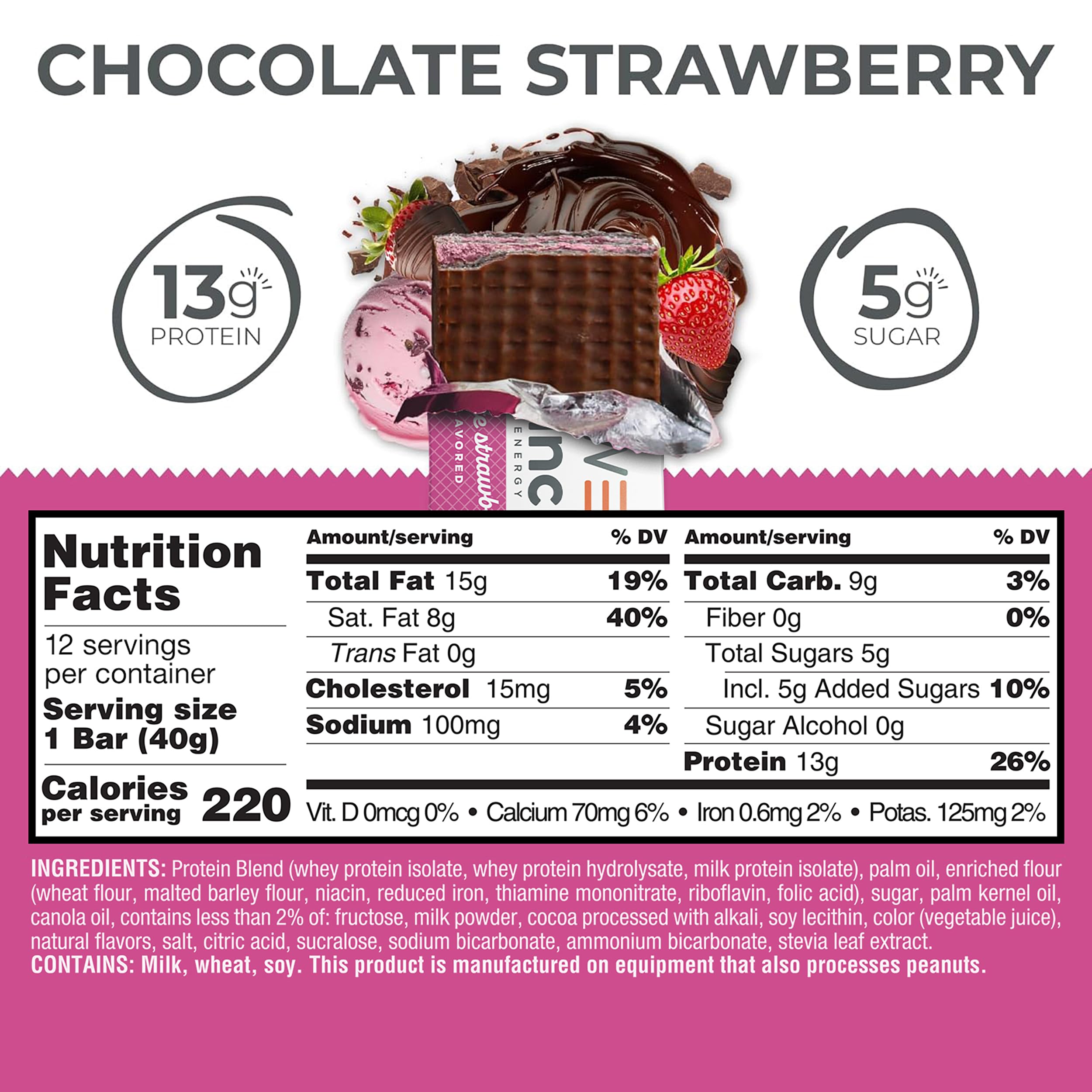 Power Crunch Protein Energy Wafer Bars, Chocolate Strawberry, 1.4 Ounce (12 Count)