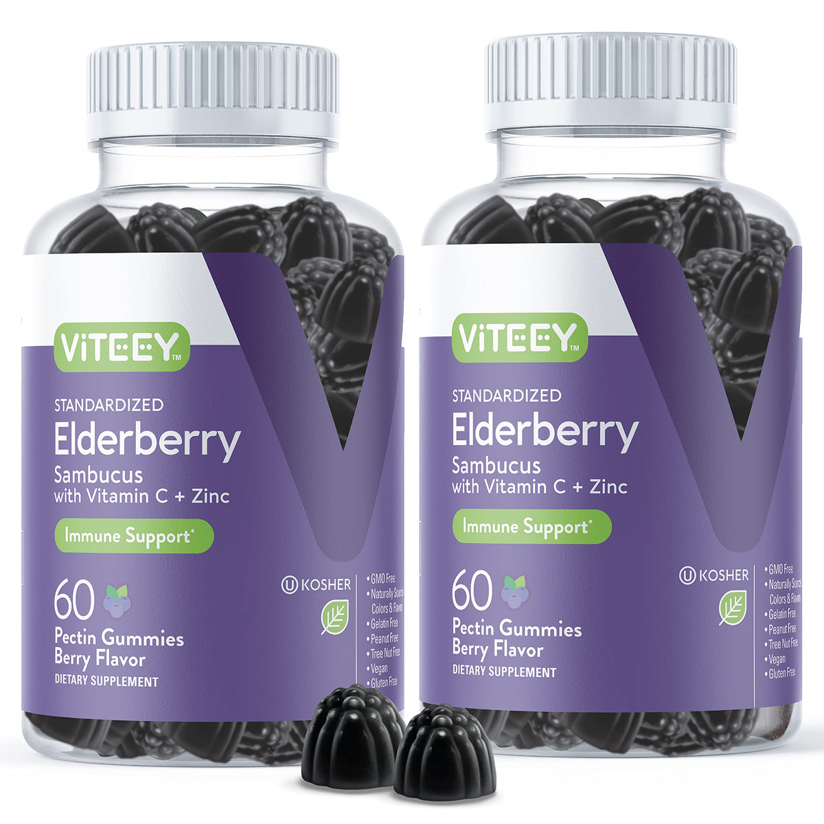 Viteey Sambucus Elderberry Gummies - Immunity Support with Vitamin C & Zinc - Vegan, Gluten-Free