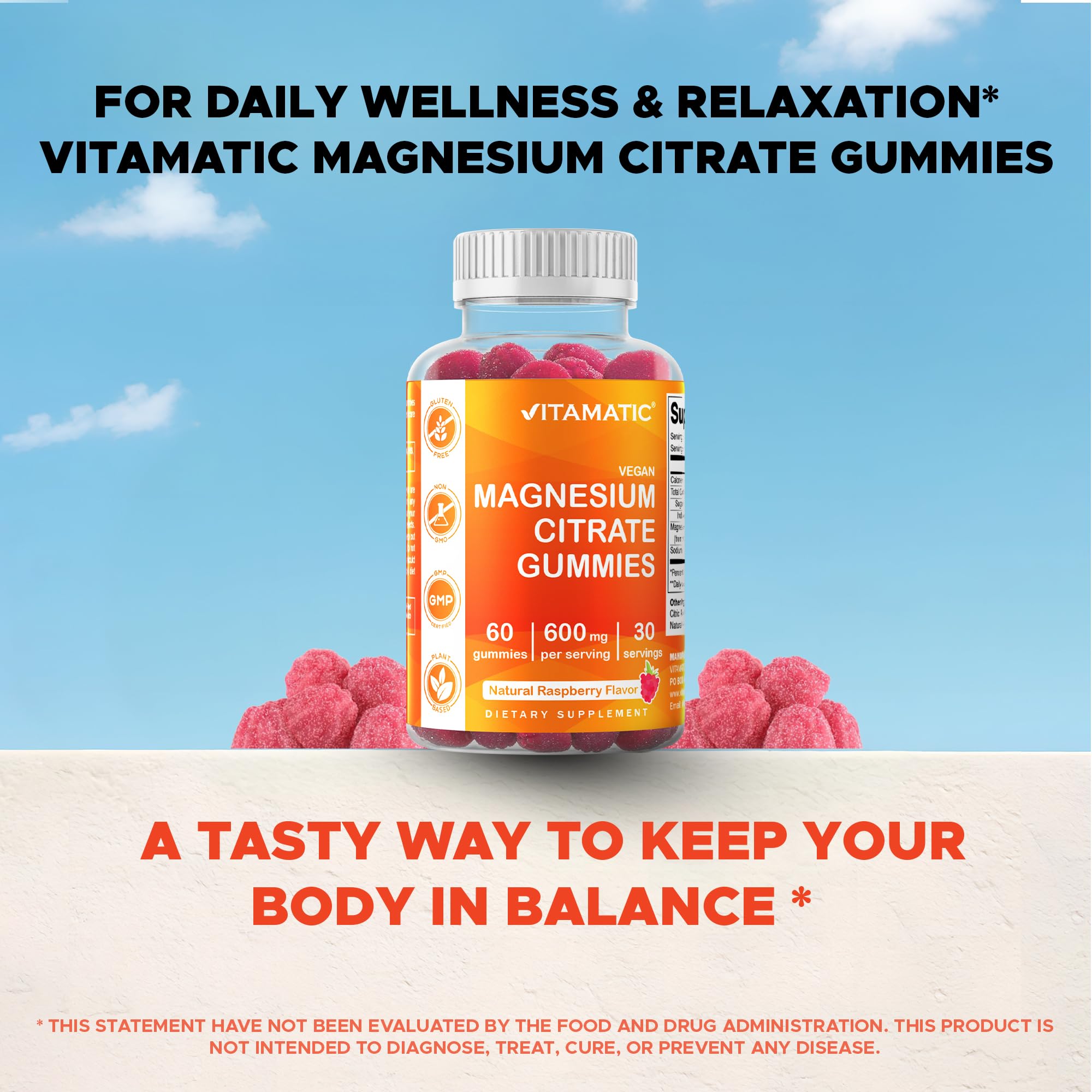 Vitamatic Magnesium Gummies 600 mg – Vegan Raspberry

