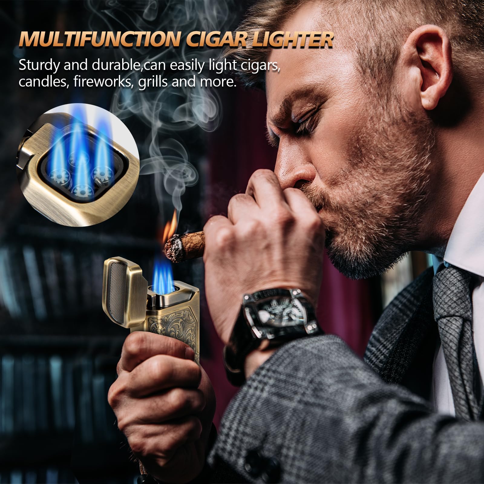 Quad Jet Flame Torch Lighter with Cutter and Punch


