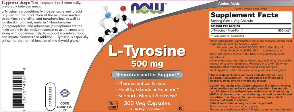 Now Foods L-Tyrosine 500 mg Free-Form Supplement | Non-GMO

