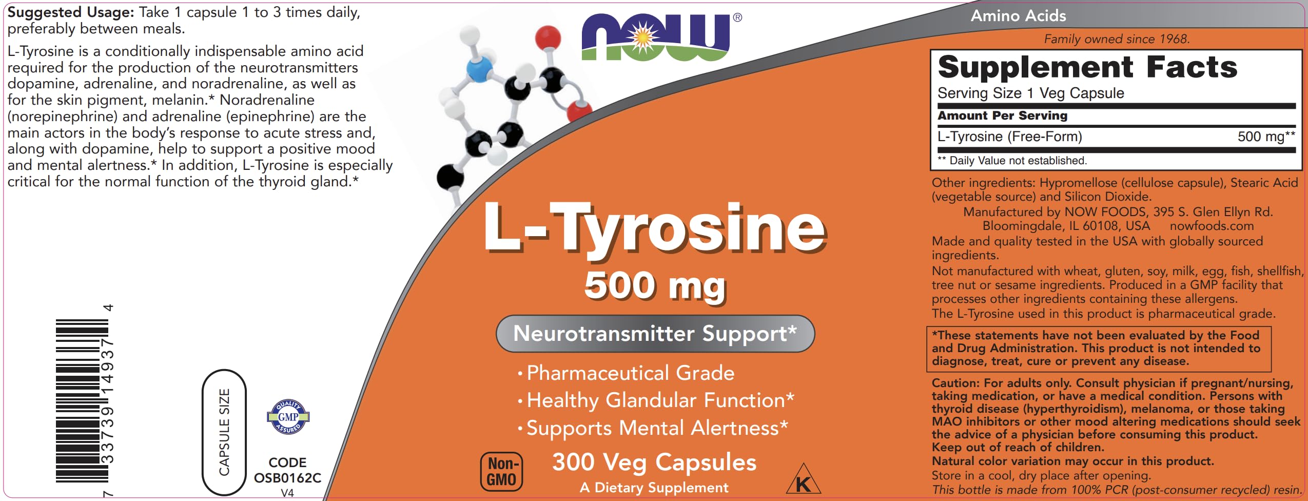 Now Foods L-Tyrosine 500 mg Free-Form Supplement | Non-GMO

