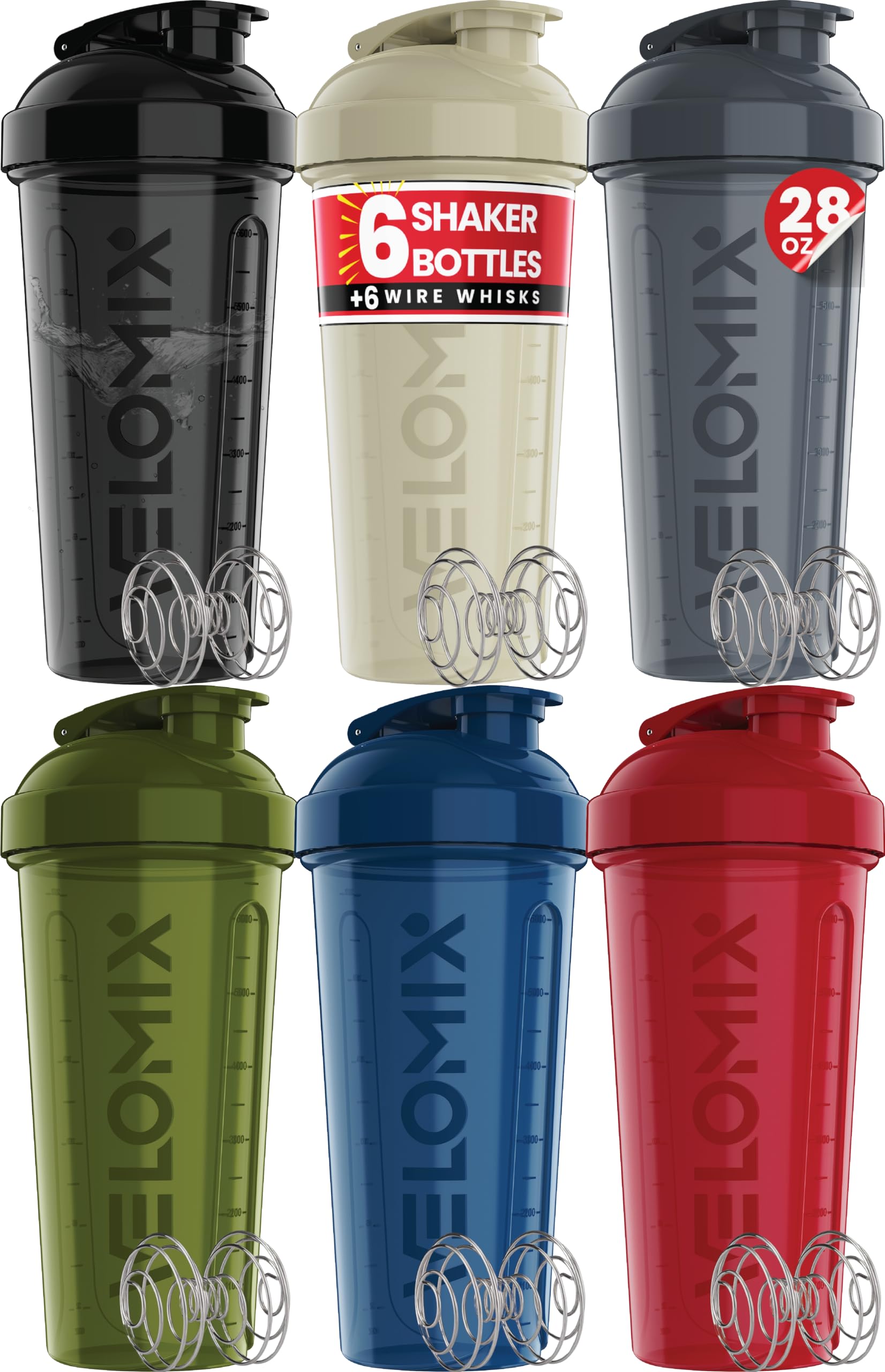 VELOMIX 28 oz Protein Shaker Bottle with 6 Wire Whisk Balls BPA-Free Leak-Proof