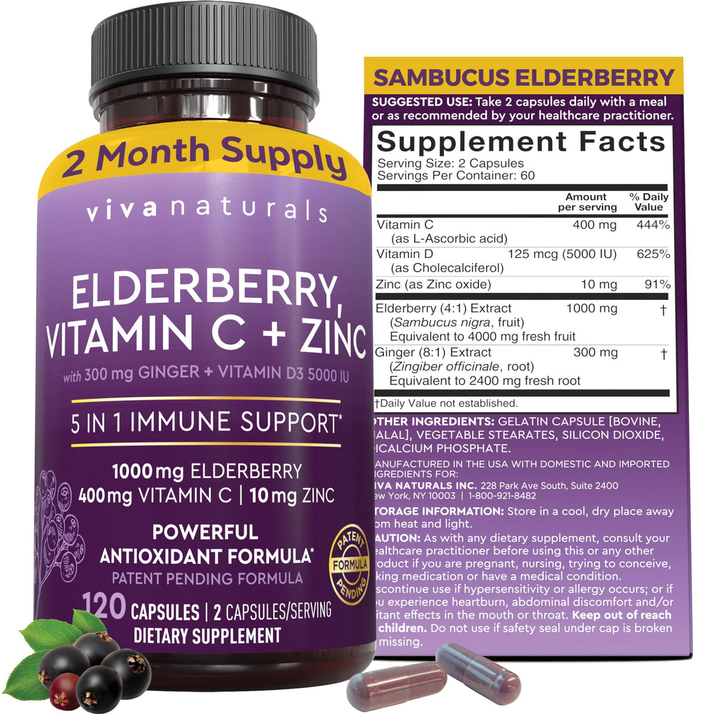 Viva Naturals Elderberry Immune Support Vitamin C D3 Zinc

