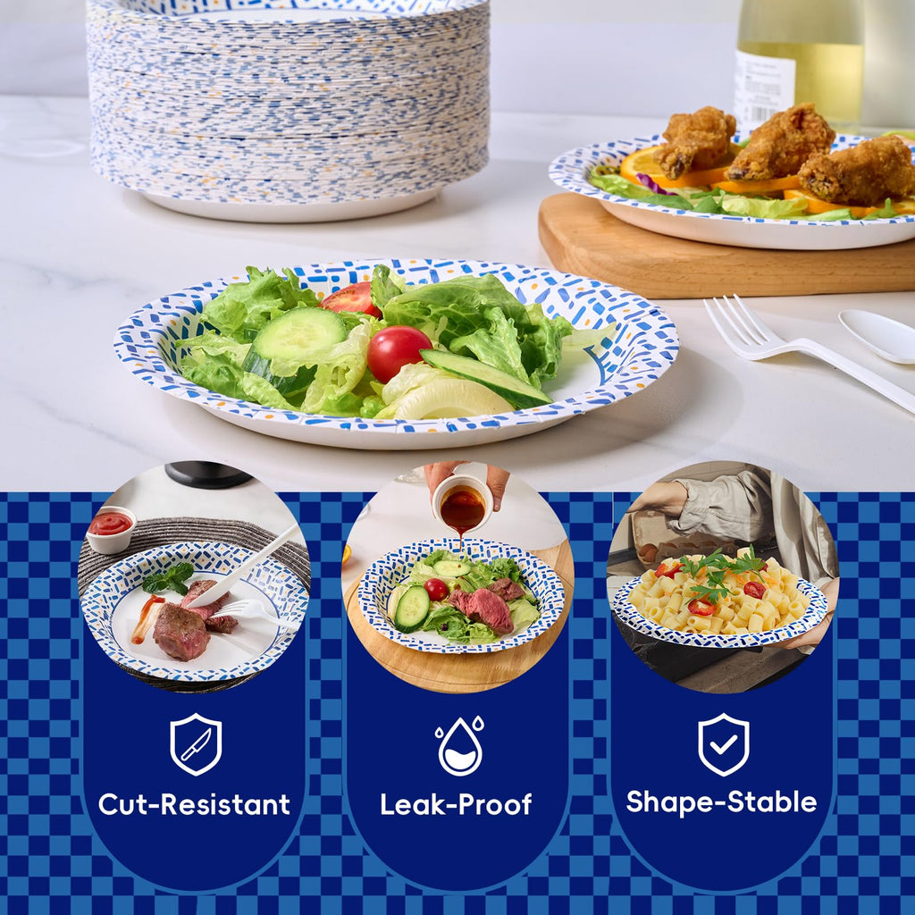 JOLLY CHEF Disposable Paper Plates - Heavy-Duty Soak-Proof

