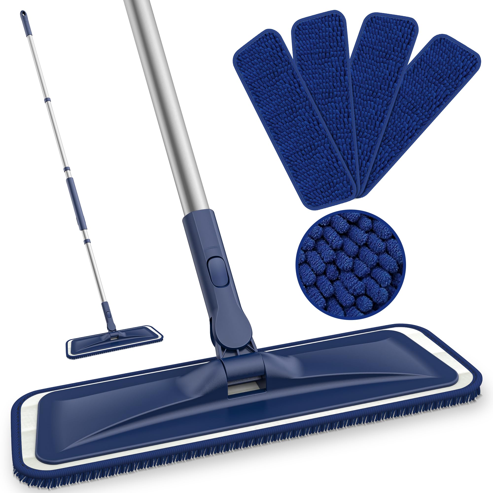 BPAWA Microfiber Flat Floor Mop with 4 Washable Chenille Pads and Adjustable Handle