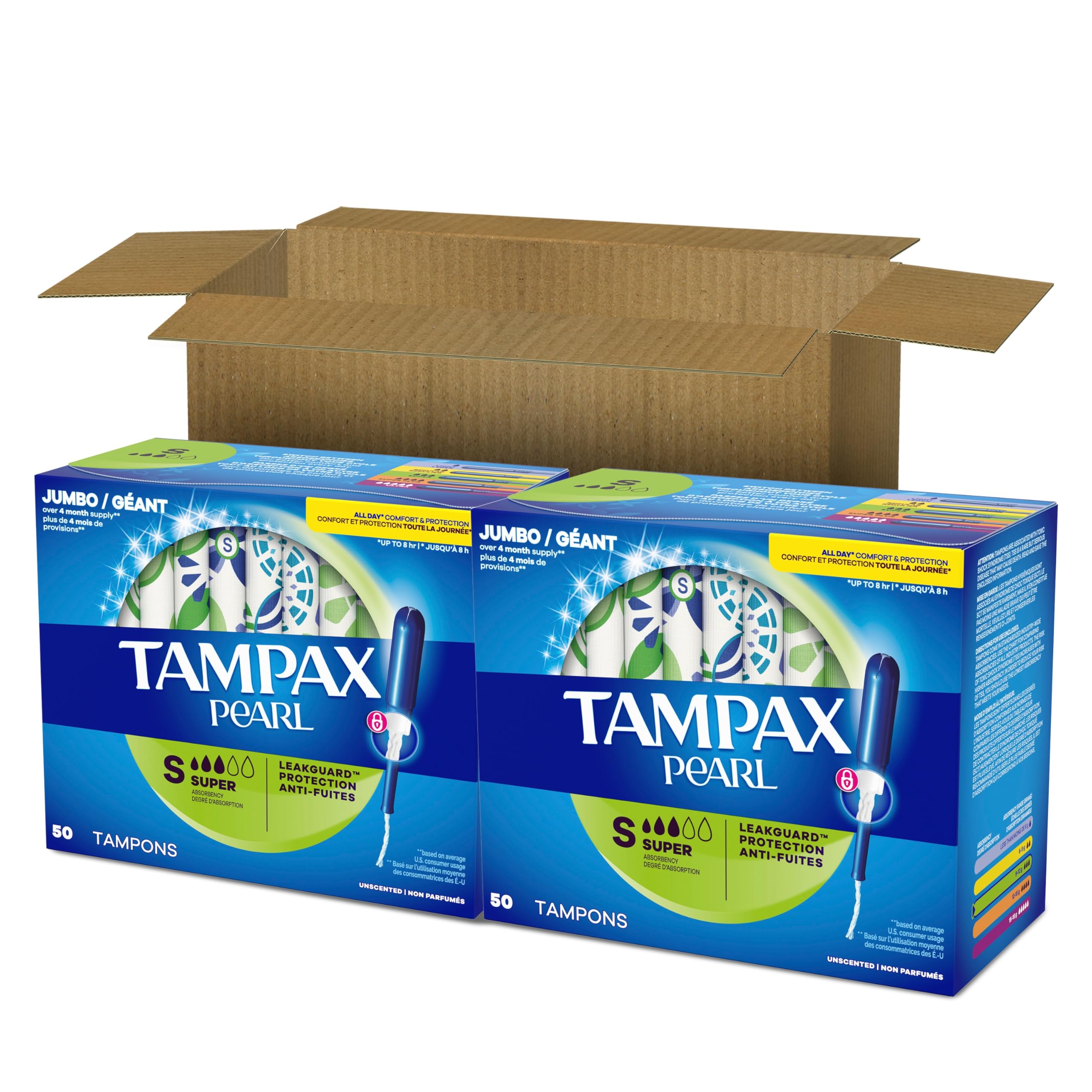 Tampax Pearl Tampons for Women, with LeakGuard Braid, Super Absorbency, Unscented

