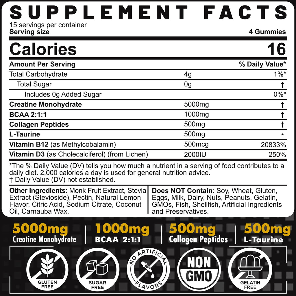 Creatine Monohydrate Gummies with BCAA & Collagen – Lemon

