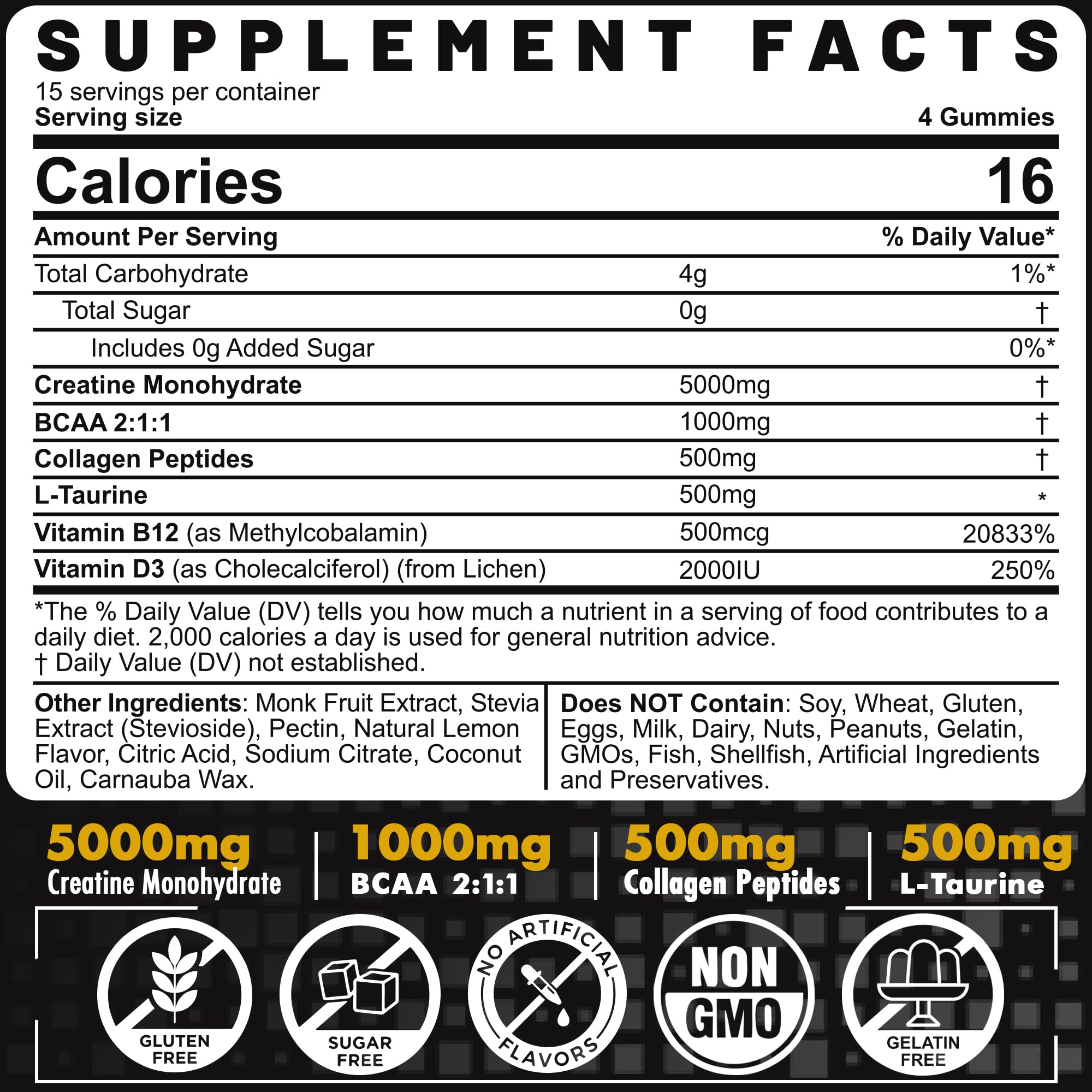 Creatine Monohydrate Gummies with BCAA & Collagen – Lemon

