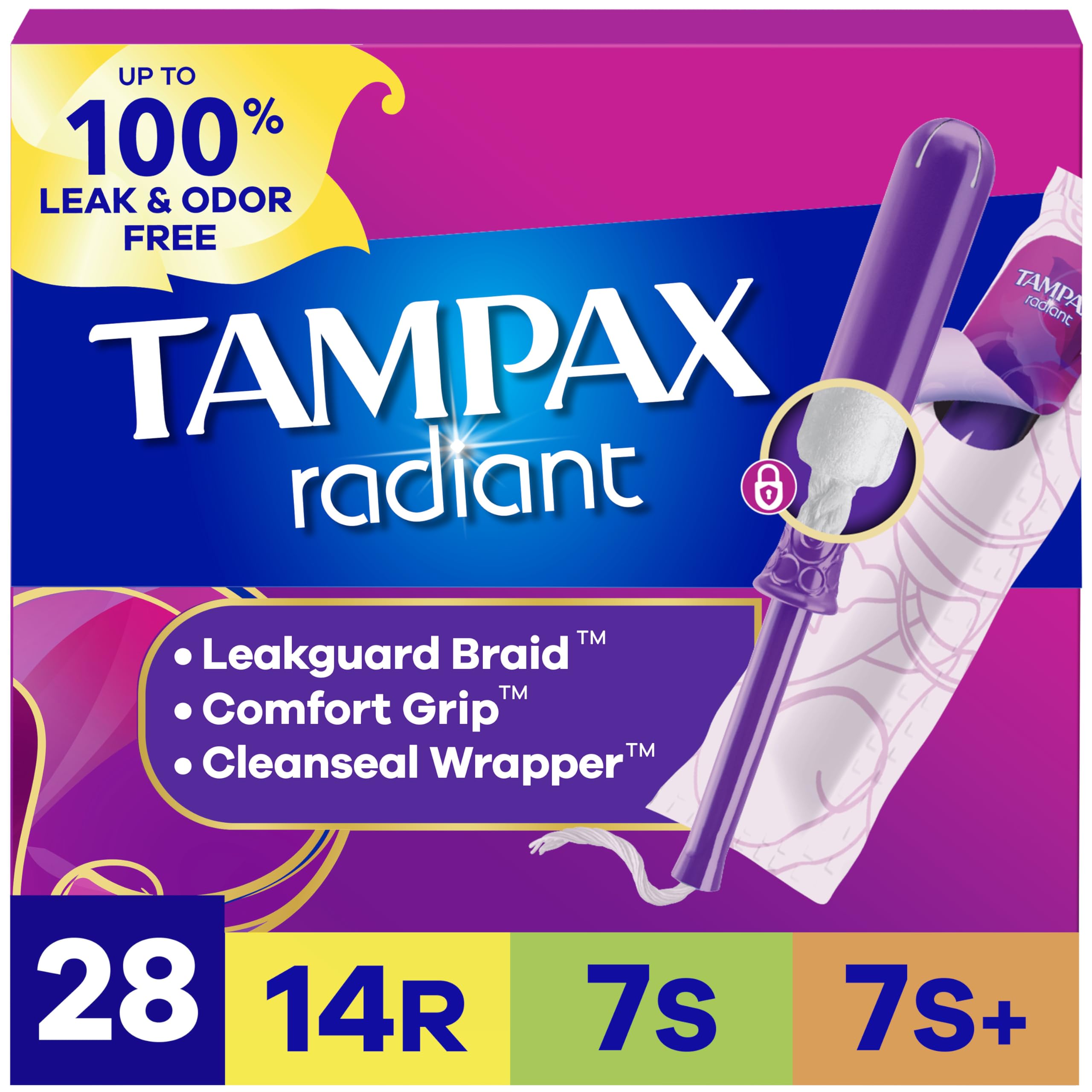 Tampax Radiant Tampons Unscented with LeakGuard Braid