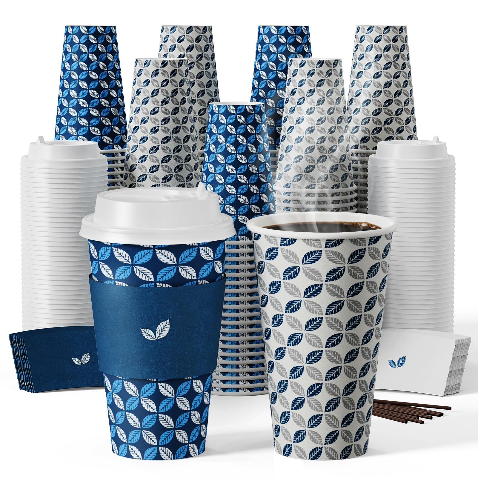 JOLLY CHEF Disposable Coffee Cups with Lids, Sleeves & Stirrers