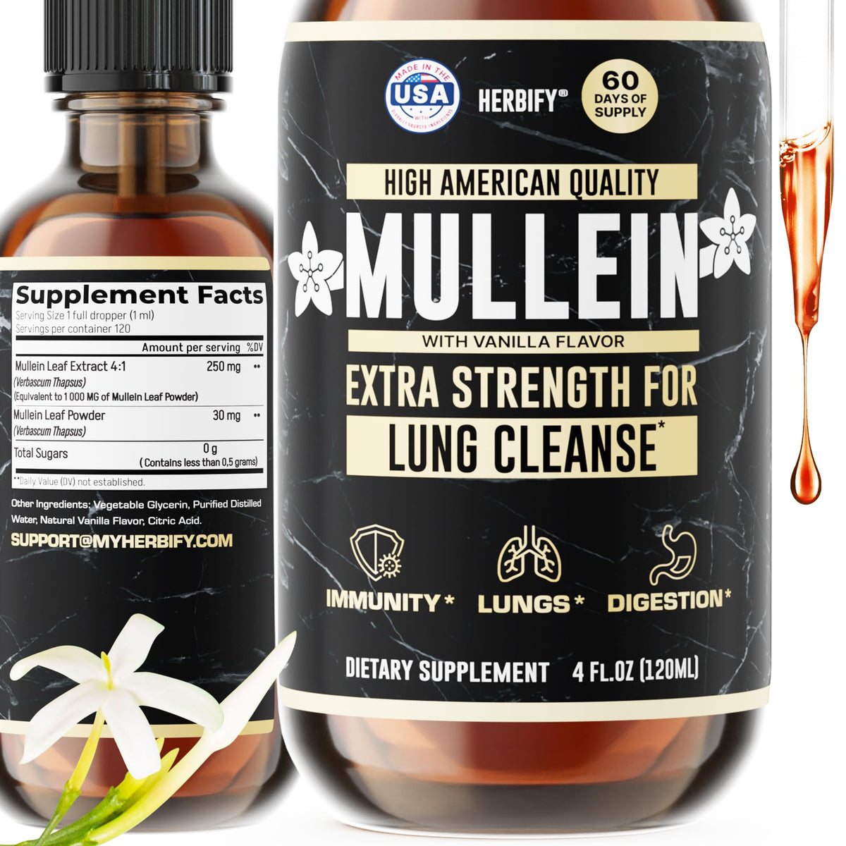 Herbify Mullein Drops Lung Cleanse - Leaf Extract for Respiratory Support
