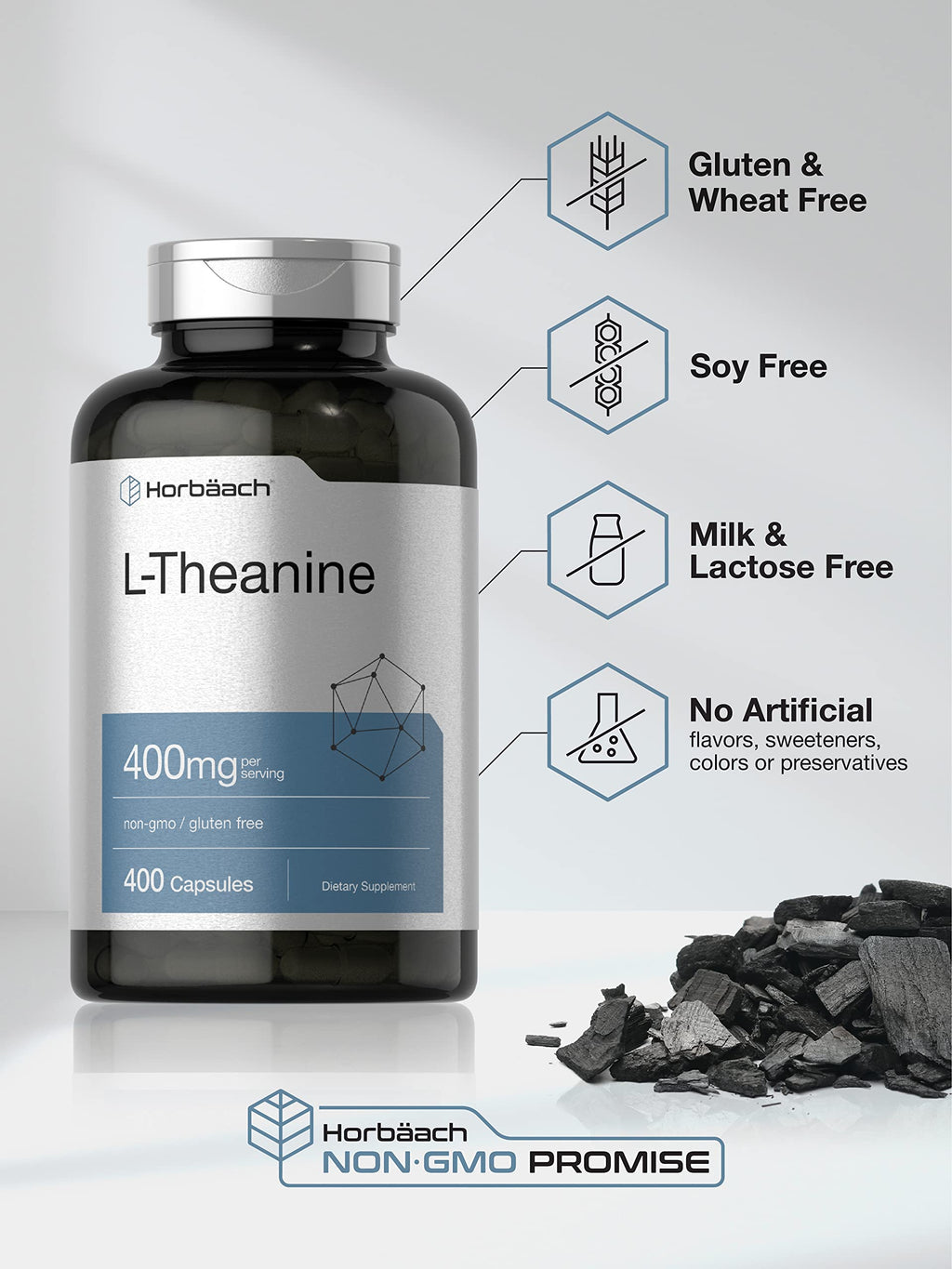 Horbäach L-Theanine 400 mg Supplement | Non-GMO Gluten Free

