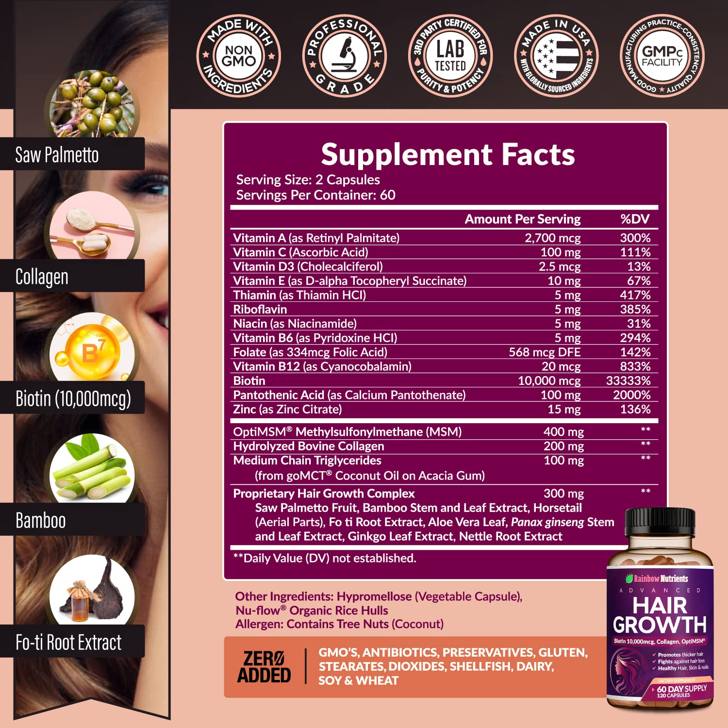 Hair Growth Vitamins for Women by Rainbow Nutrients

