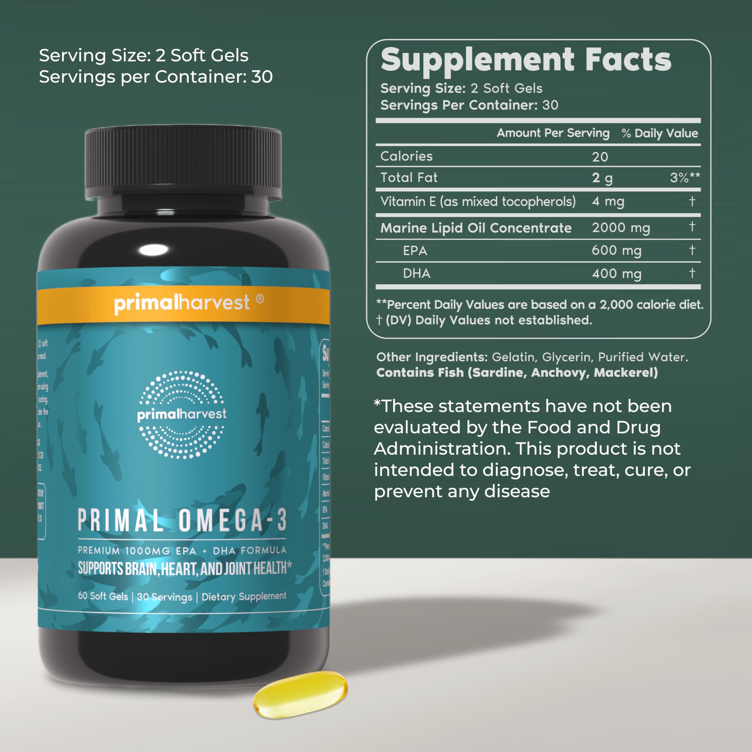 Primal Harvest Omega-3 Fish Oil Softgels 1000 mg EPA+DHA

