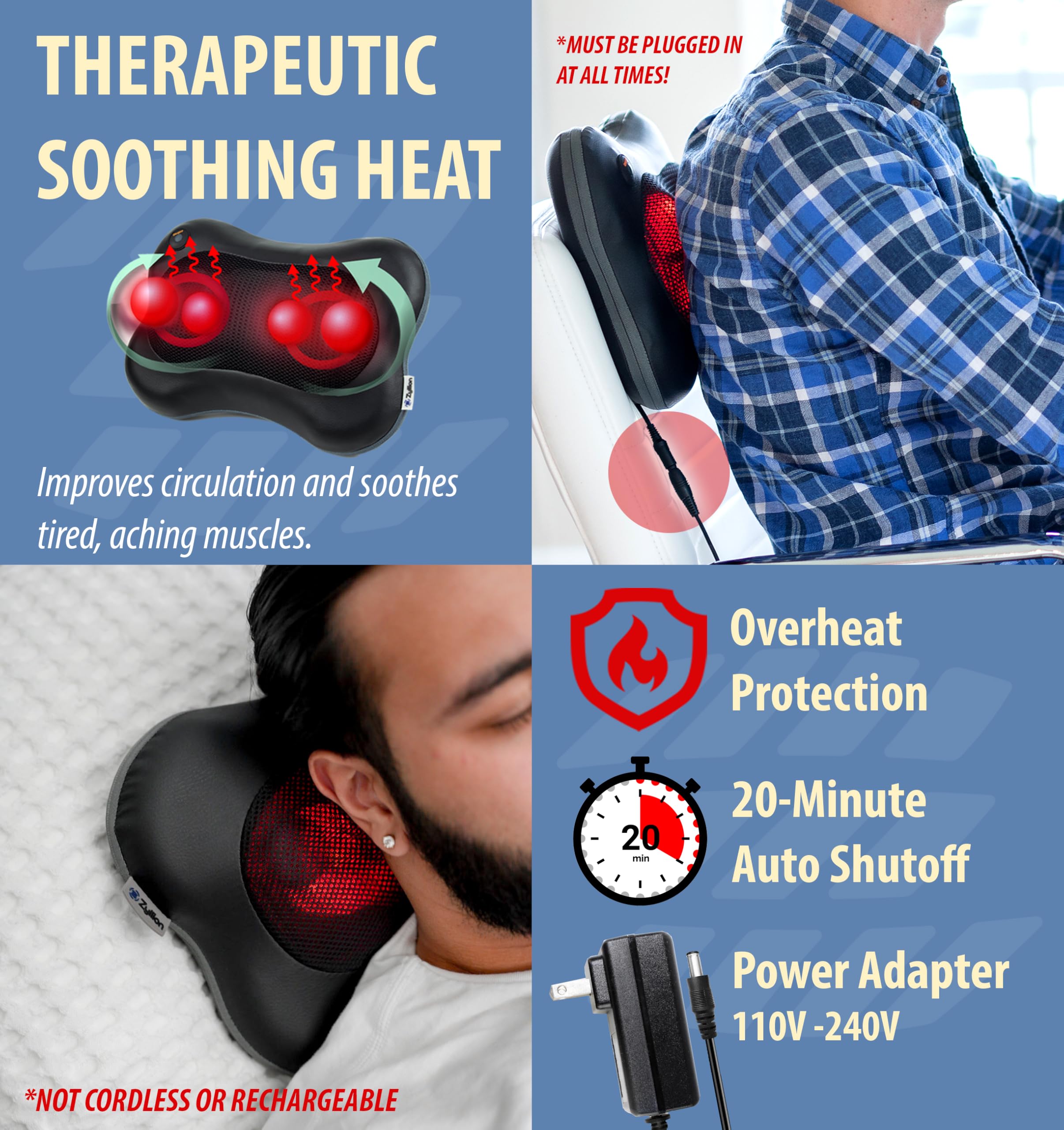 Zyllion Shiatsu Back Massager with Heat - 3D Kneading Pillow

