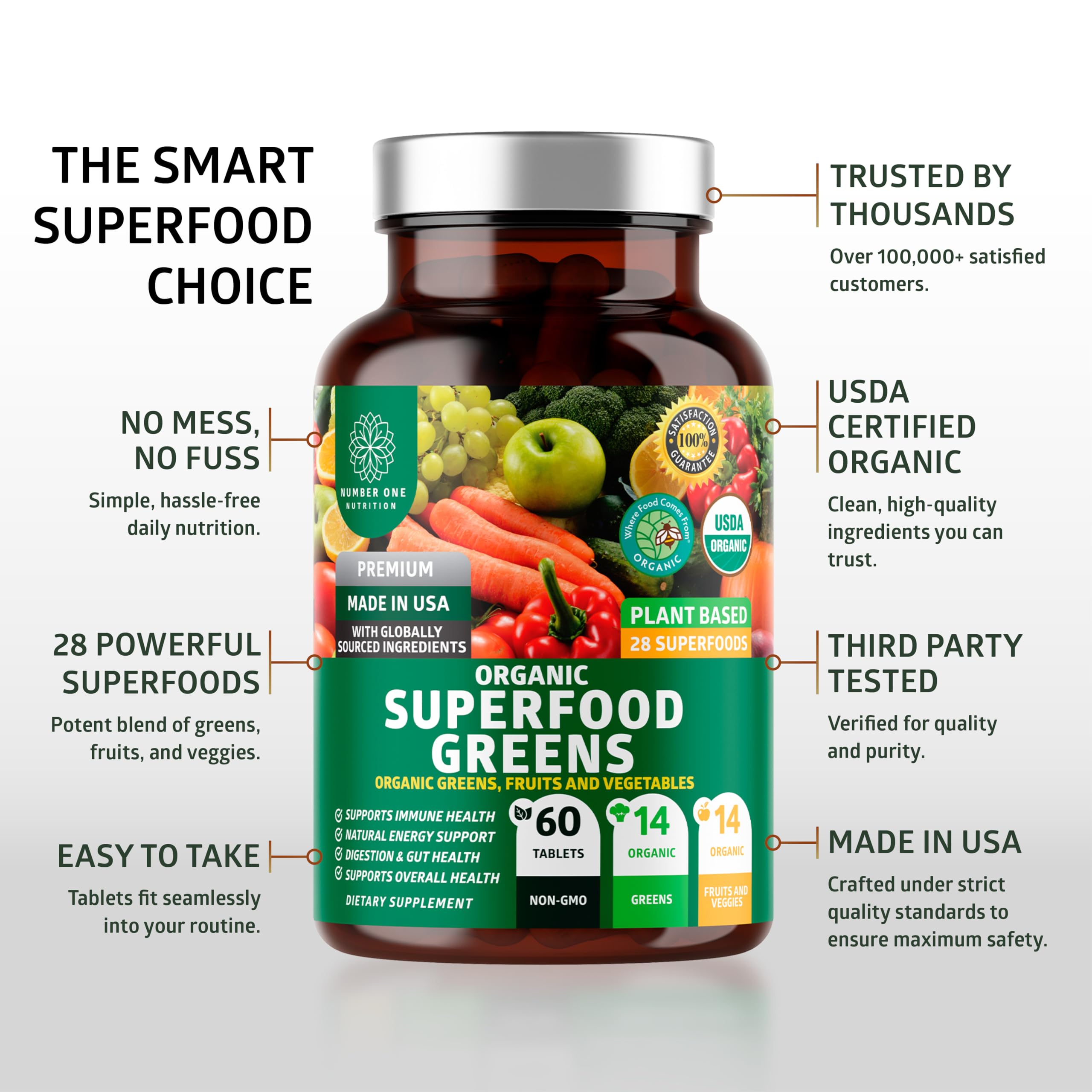 Number One Nutrition USDA Organic Super Greens Tablets

