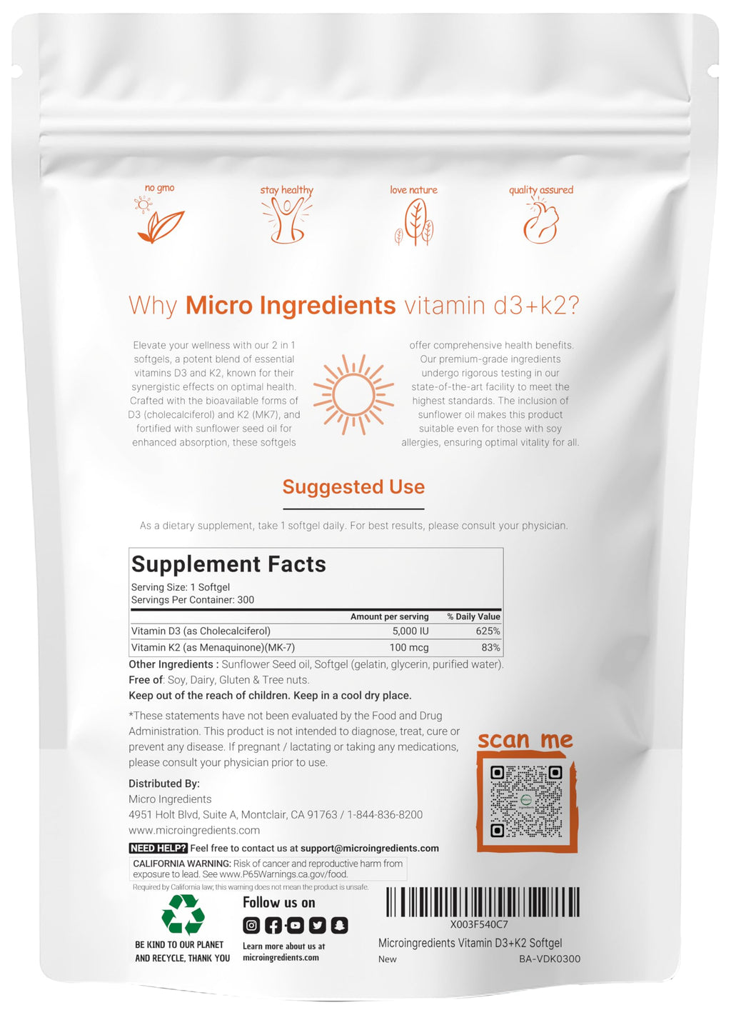 Micro Ingredients Vitamin D3 + K2 MK-7 2-in-1 Complex

