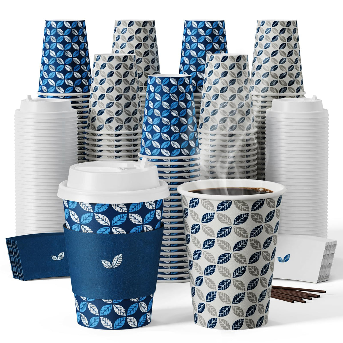 JOLLY CHEF Disposable Coffee Cups with Lids, Sleeves & Stirrers