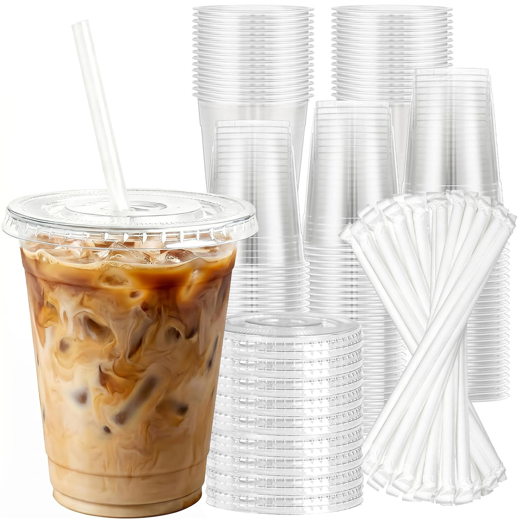 Charmount Clear Plastic Cups with Lids & Straws, Disposable To-Go Cups for Cold Drinks