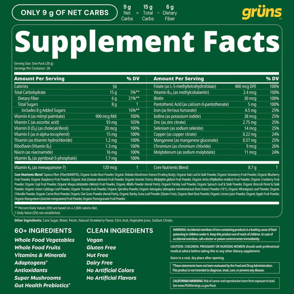 Grüns Adult Greens Gummies Multivitamin with Prebiotic Fiber

