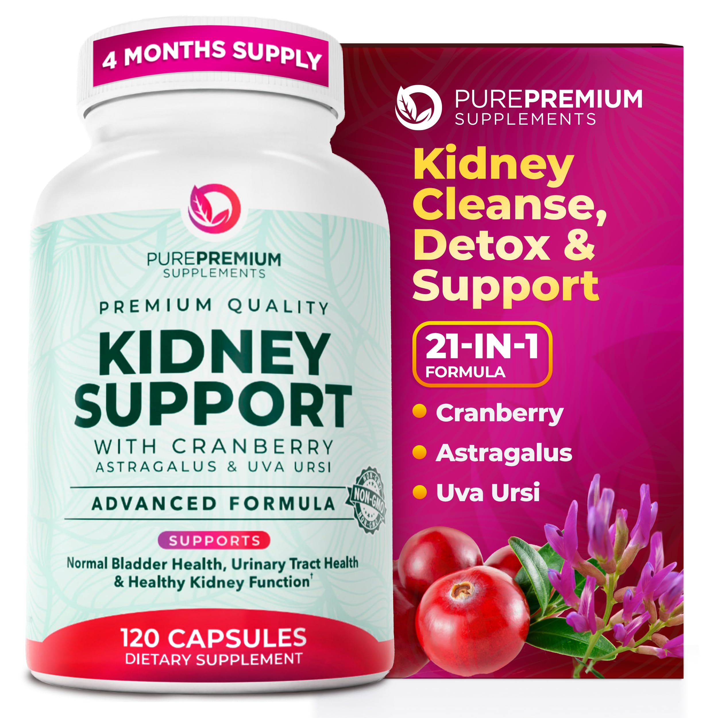 PurePremium Kidney Support Supplement - 21-in-1 Cranberry & Astragalus Detox