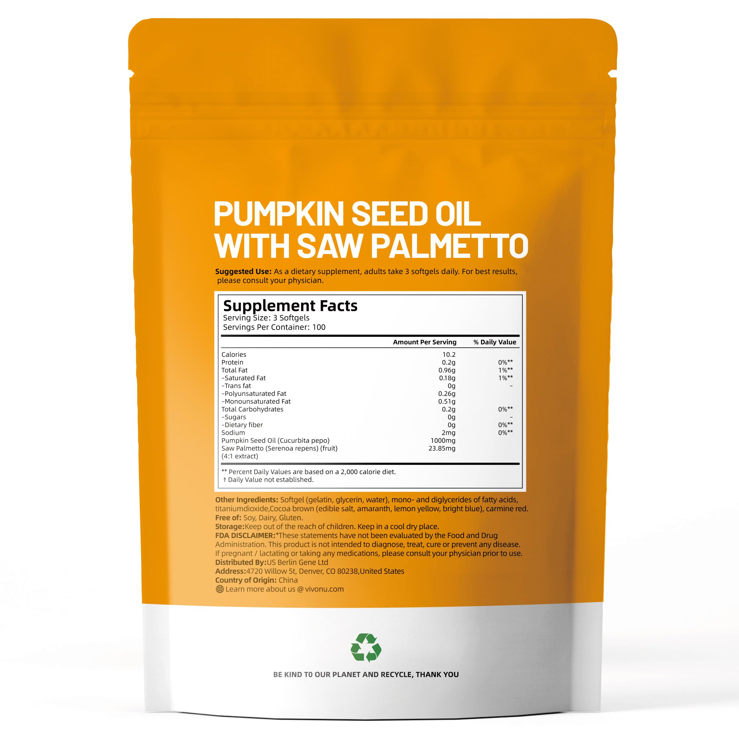 VivoNu Pumpkin Seed Oil with Saw Palmetto - Cold Pressed

