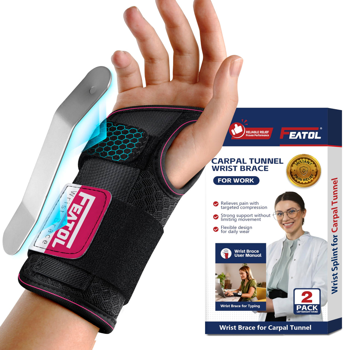 FEATOL Carpal Tunnel Wrist Brace with Splint for Work and Night Use