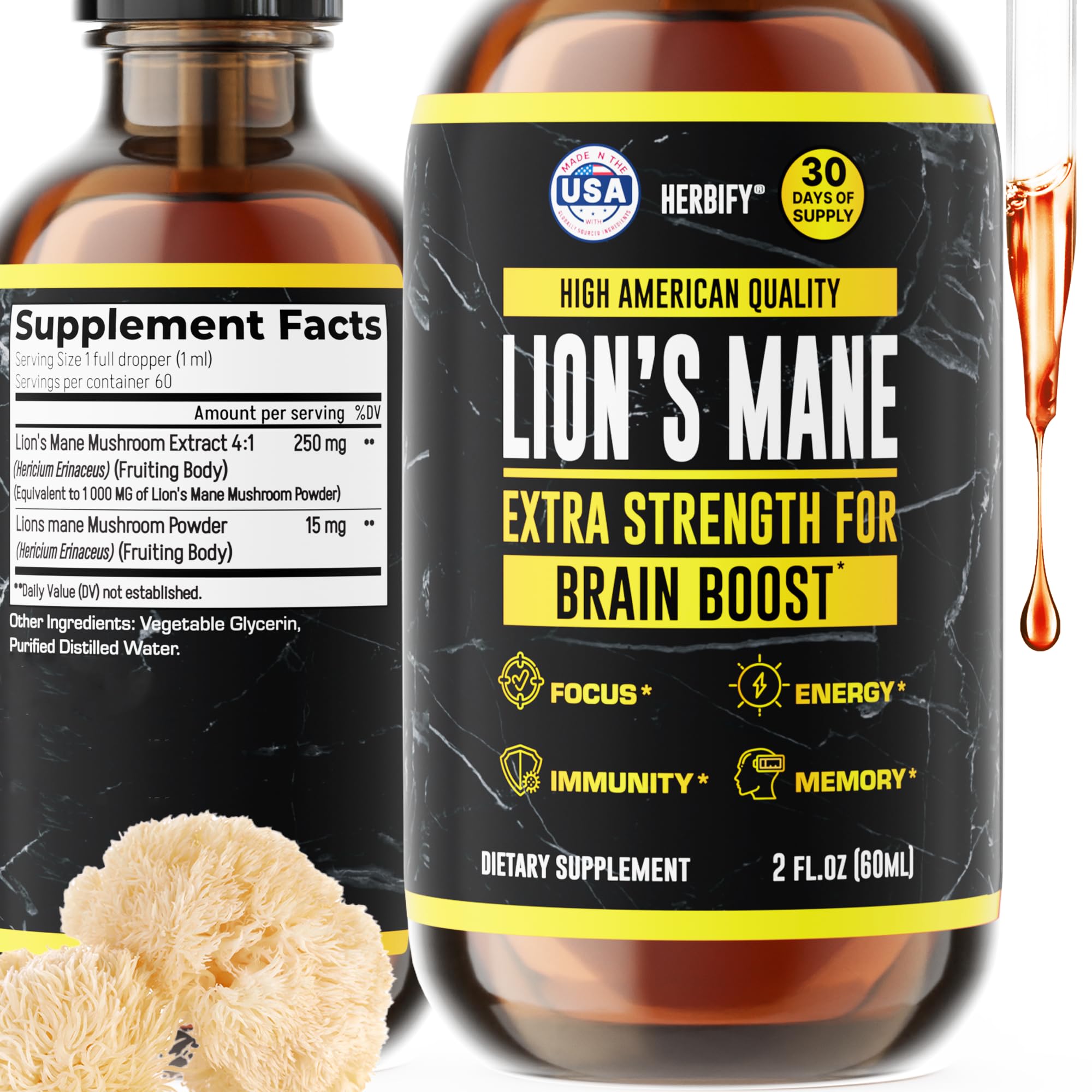 HERBIFY Lions Mane Mushroom Tincture for Brain Health & Immunity