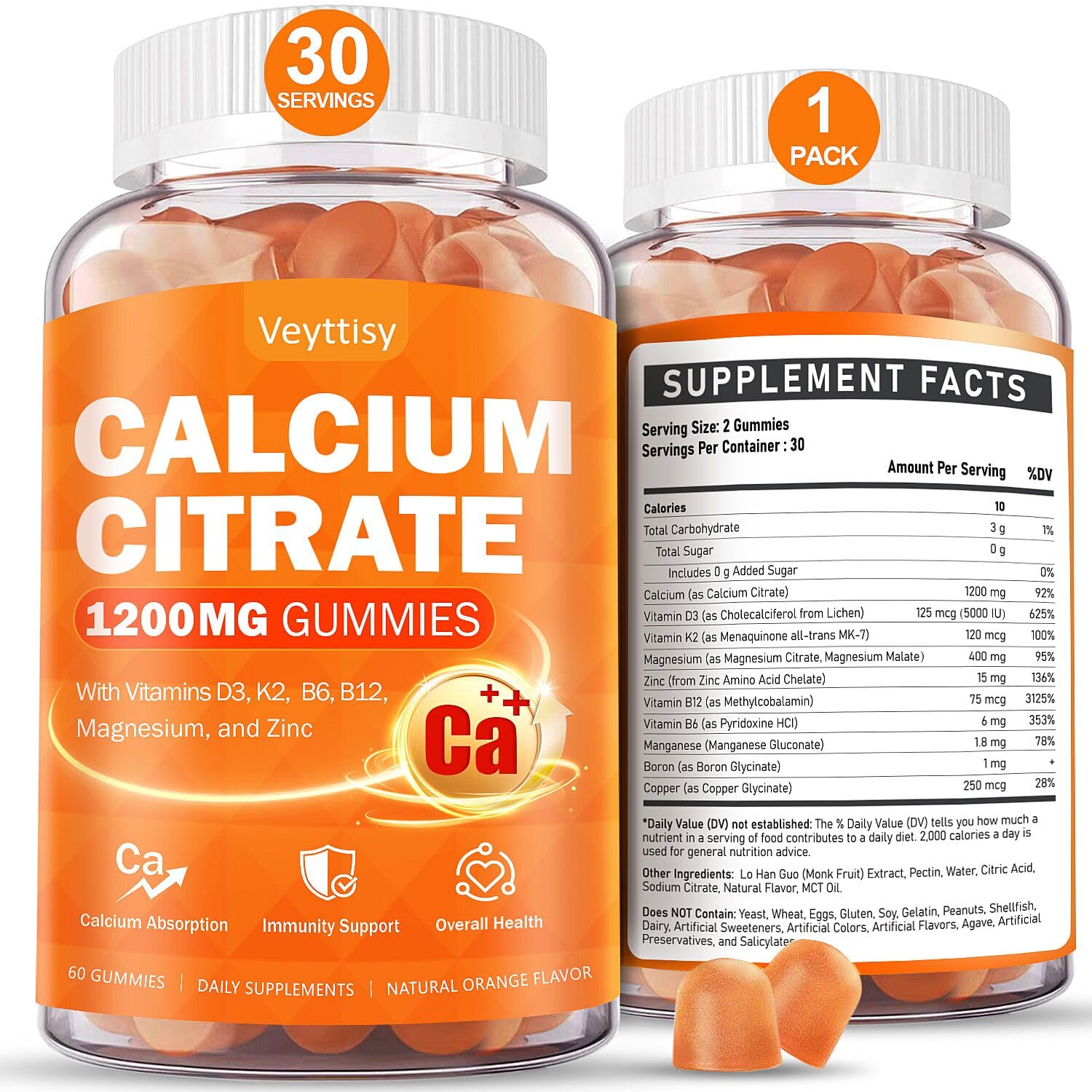 Calcium Citrate Gummies with Vitamin D3 for Adults - 1200 mg Calcium, Vegan