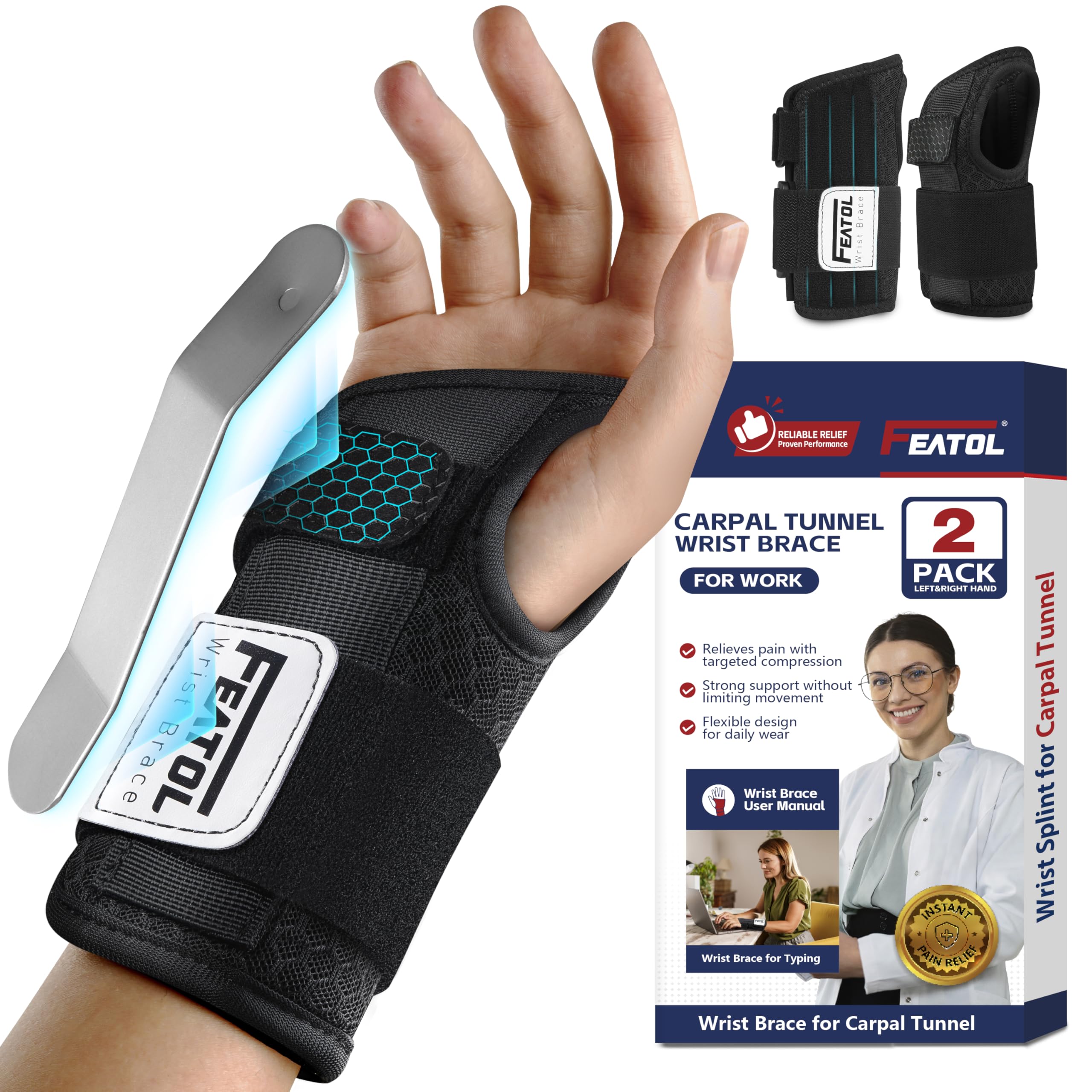 FEATOL Carpal Tunnel Wrist Brace with Splint | Work Night

