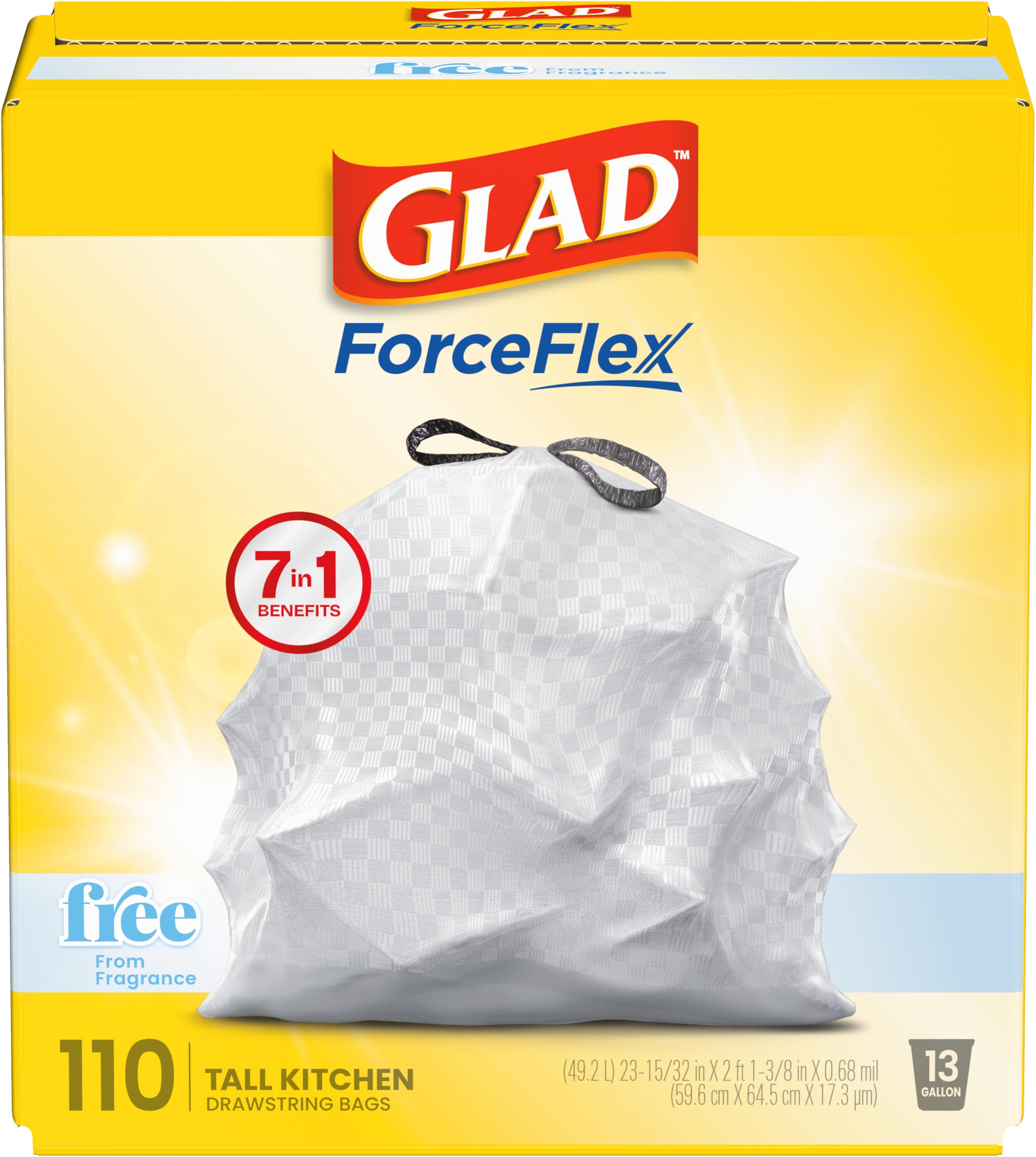 Glad ForceFlex Tall Kitchen Drawstring Trash Bags Fragrance Free 13 Gal