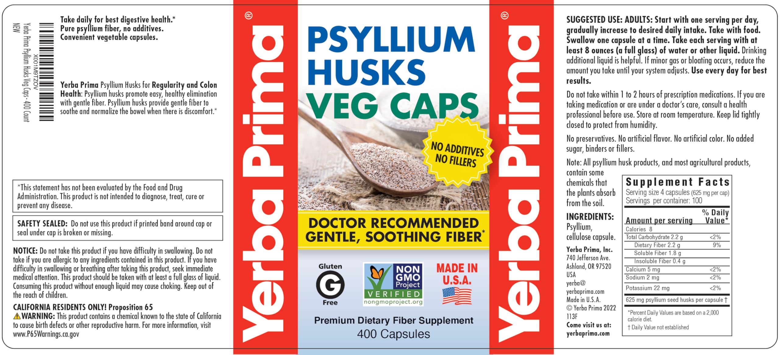 Yerba Prima Psyllium Husk Fiber Supplement 625 mg


