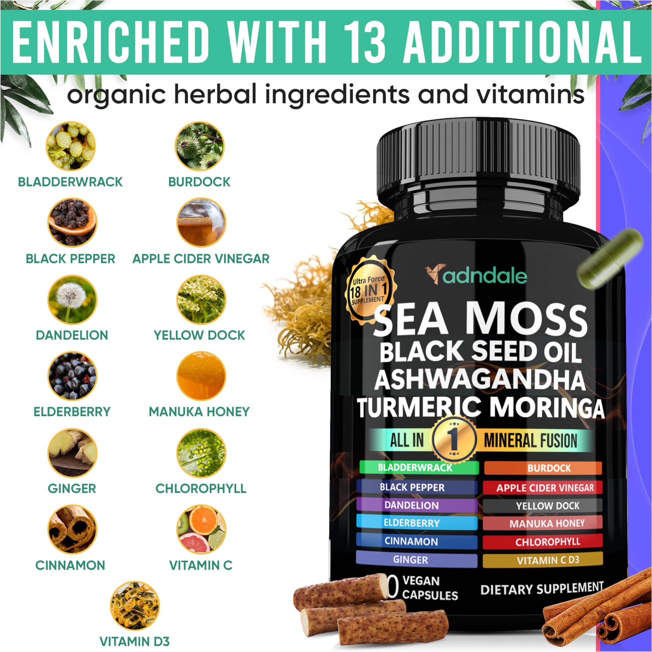 Adndale Sea Moss with Ashwagandha Turmeric & Black Seed Oil

