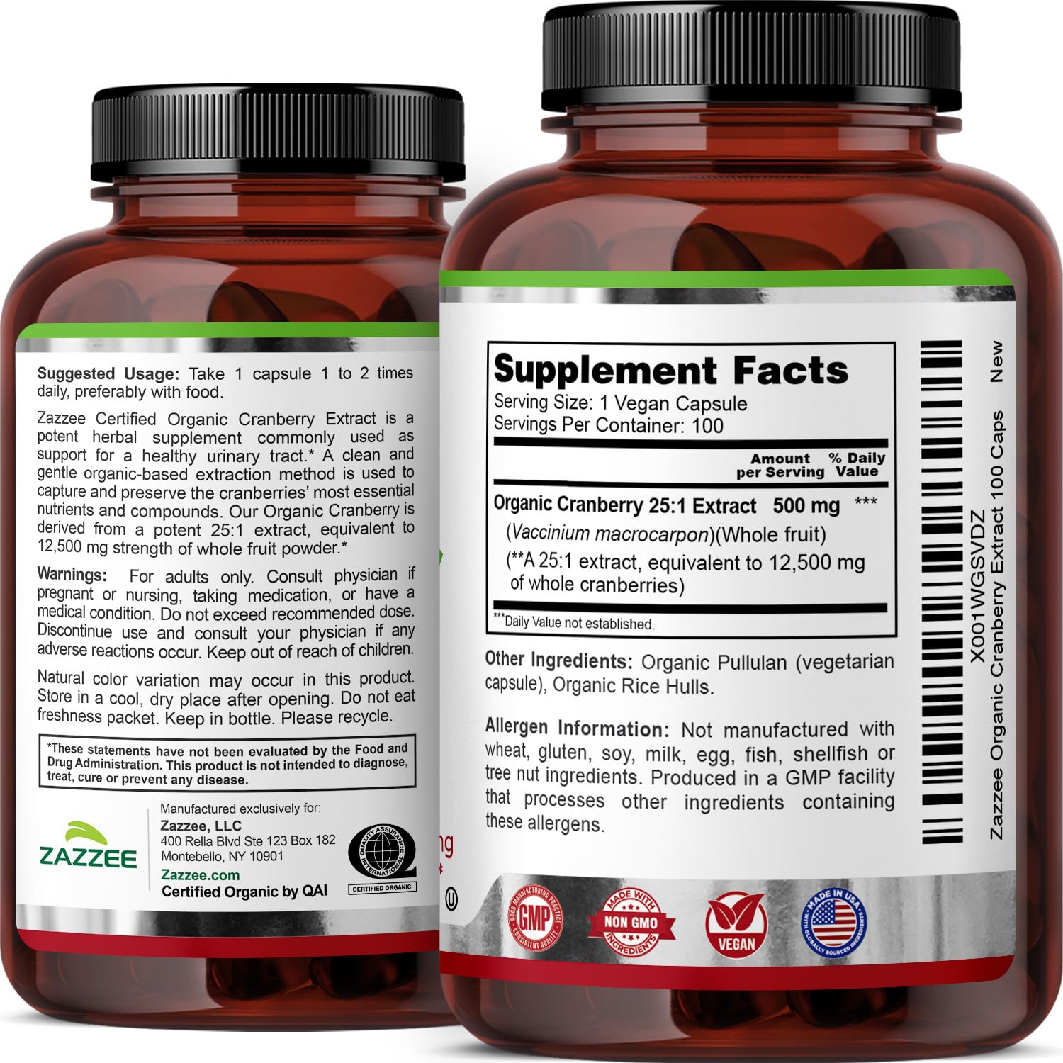 Zazzee USDA Organic Cranberry Extract 25:1, 500 mg Capsule

