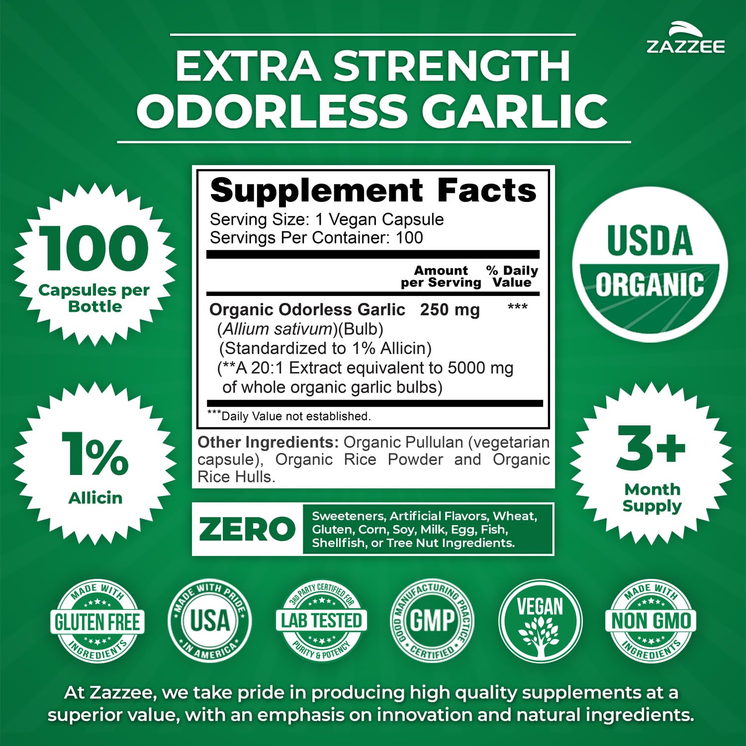 Garlic Extract by Zazzee: Organic Odorless 20:1 Allicin

