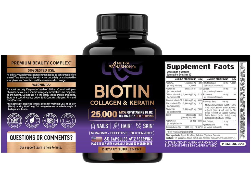 Hair Growth Vitamins by NutraHarmony Biotin Collagen Keratin

