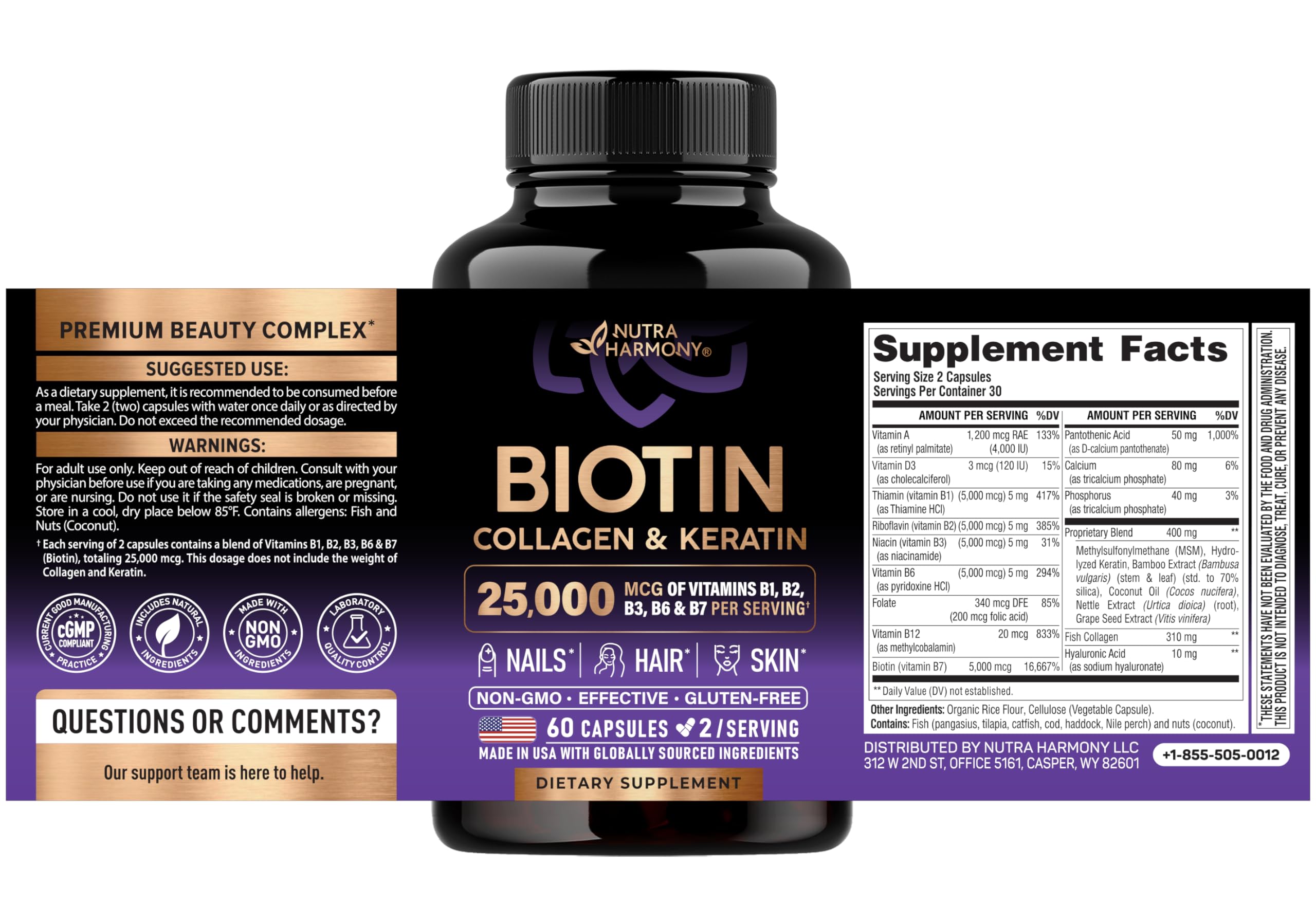 Hair Growth Vitamins by NutraHarmony Biotin Collagen Keratin

