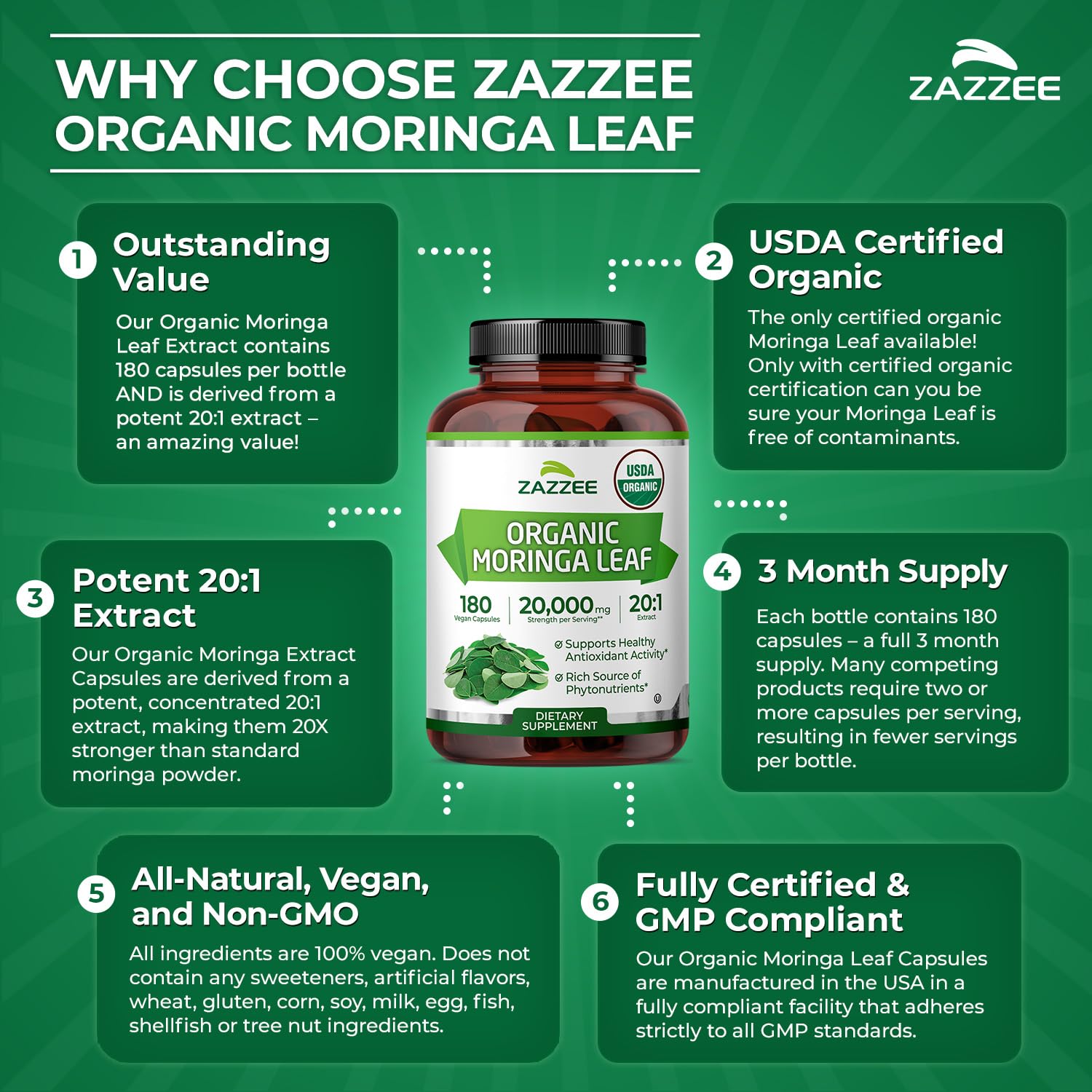 Zazzee USDA Organic Moringa Leaf Extract 20:1

