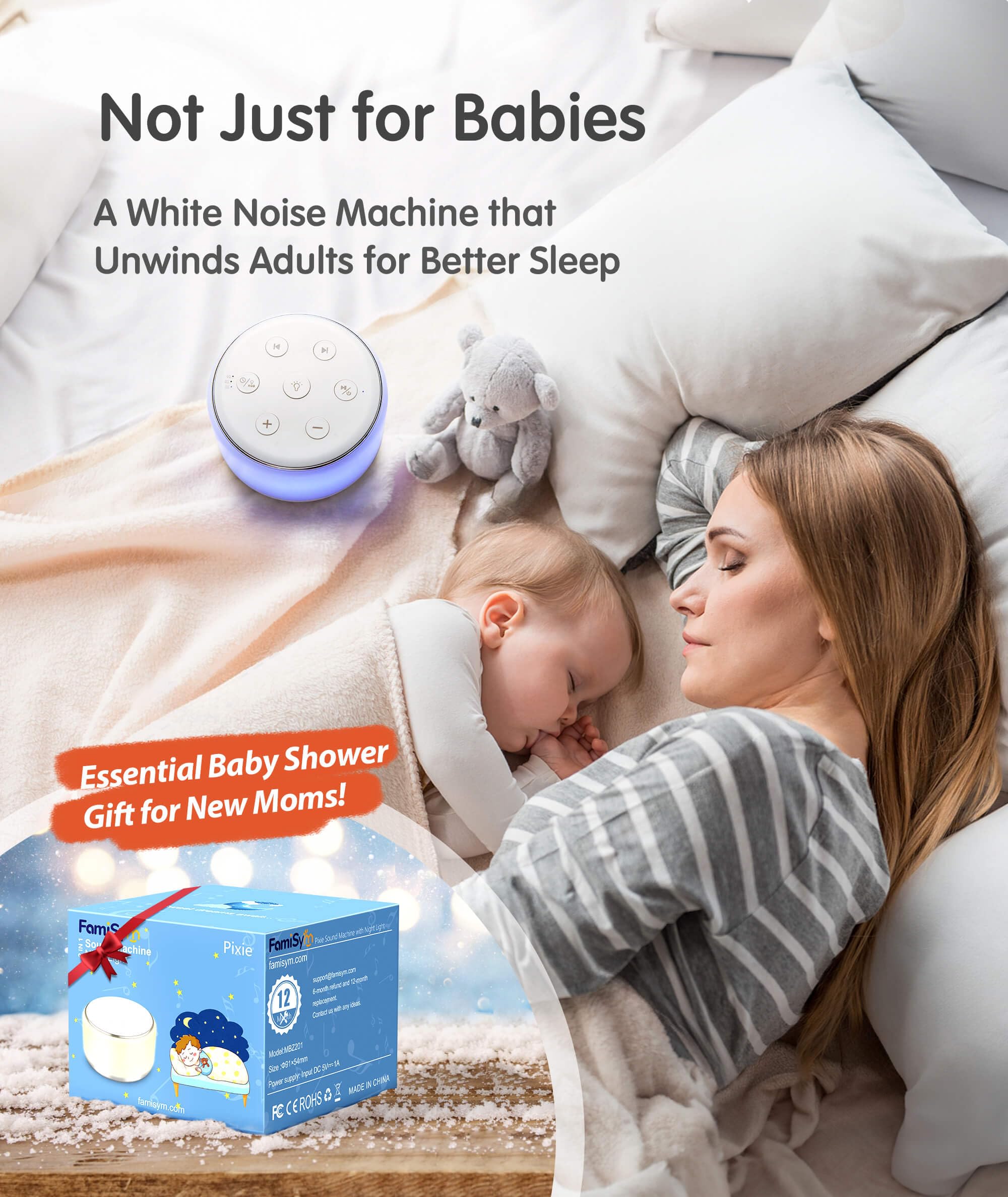 FamiSym Noise Machine for Sleep – 34 Sounds, Rechargeable

