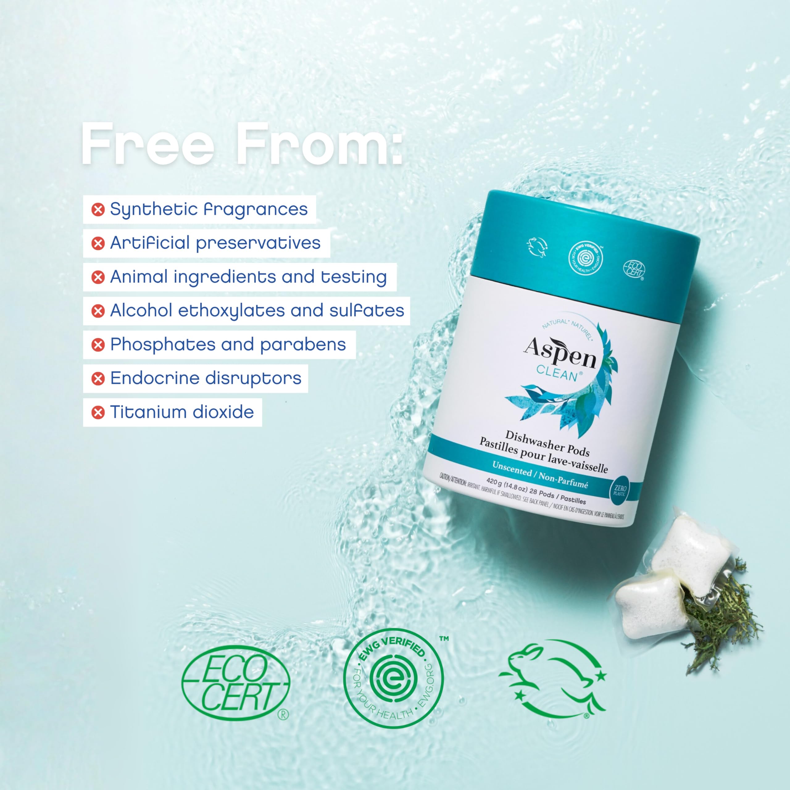 AspenClean Un scented Dishwasher Pods | Plant-Based Detergent

