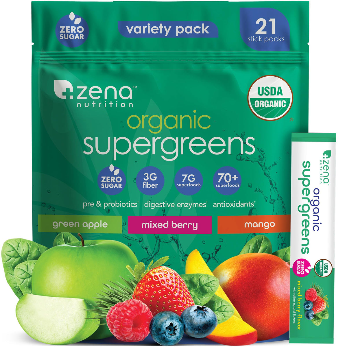 Zena Nutrition Organic Super Greens Powder, 70+ Superfoods