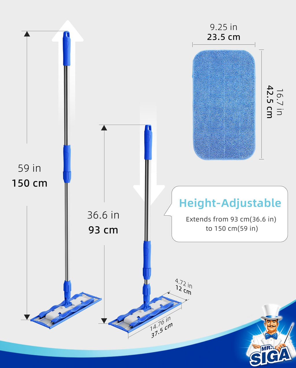 MR.SIGA Microfiber Mop Telescopic Stainless Handle

