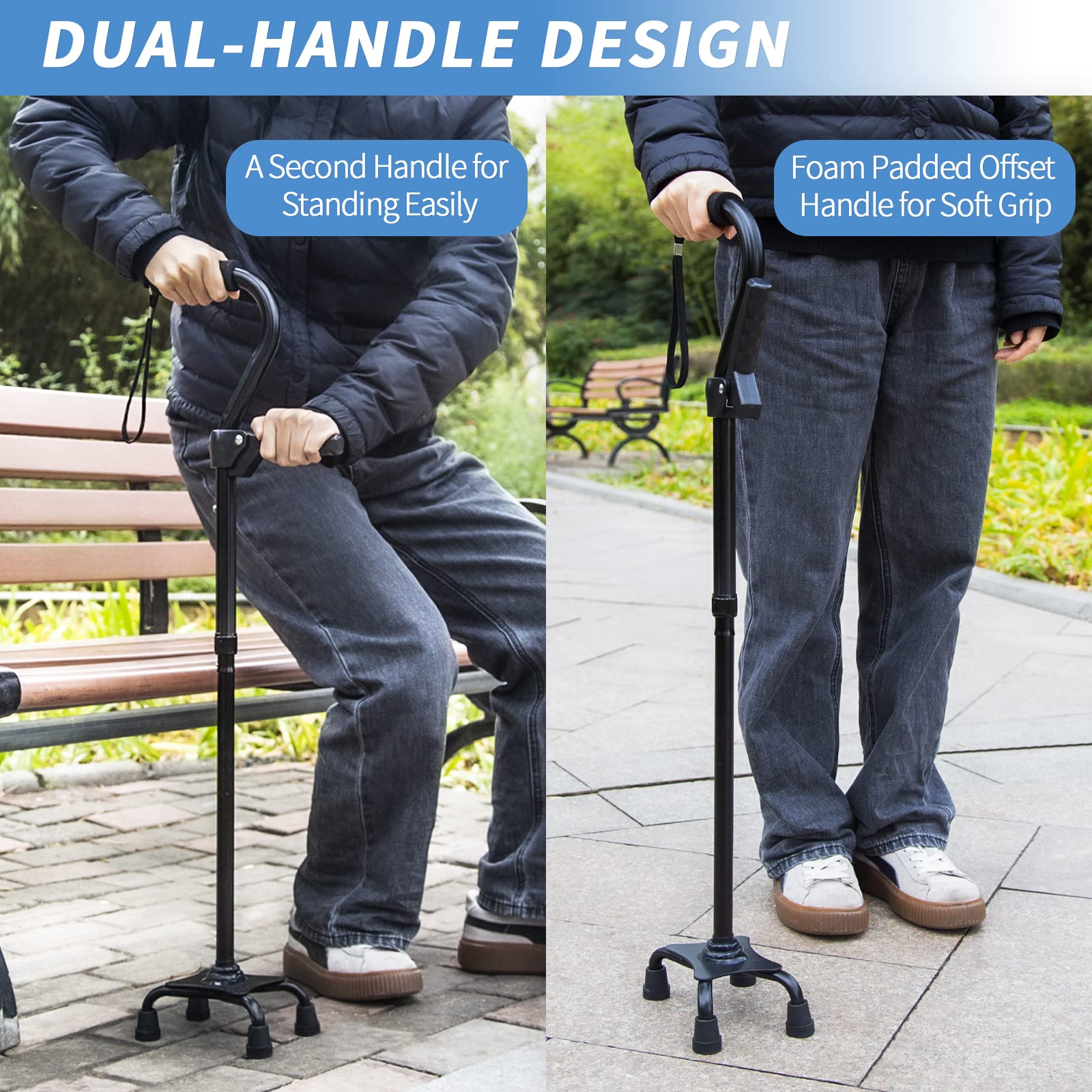 KingPavonini Adjustable Folding Walking Cane | Quad Base

