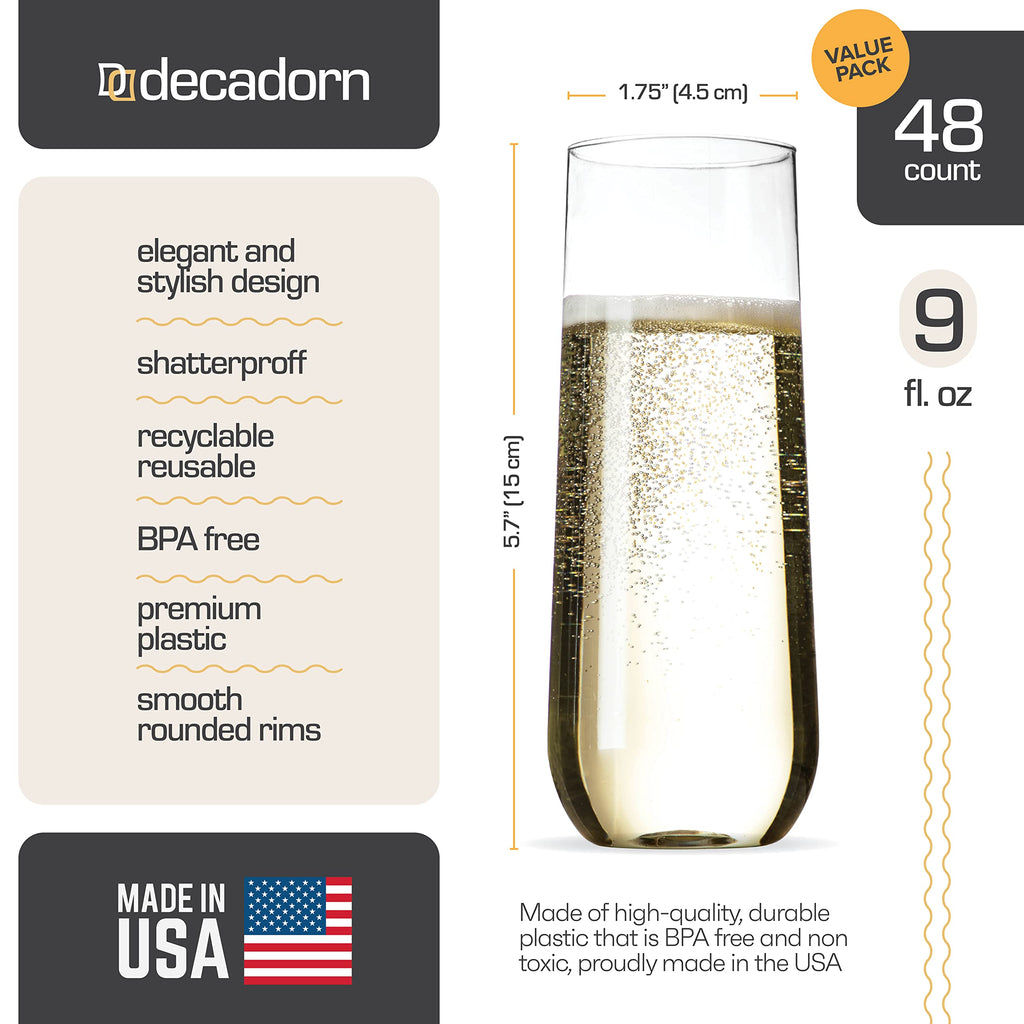 DECADORN Clear Stemless Champagne Flutes BPA-Free

