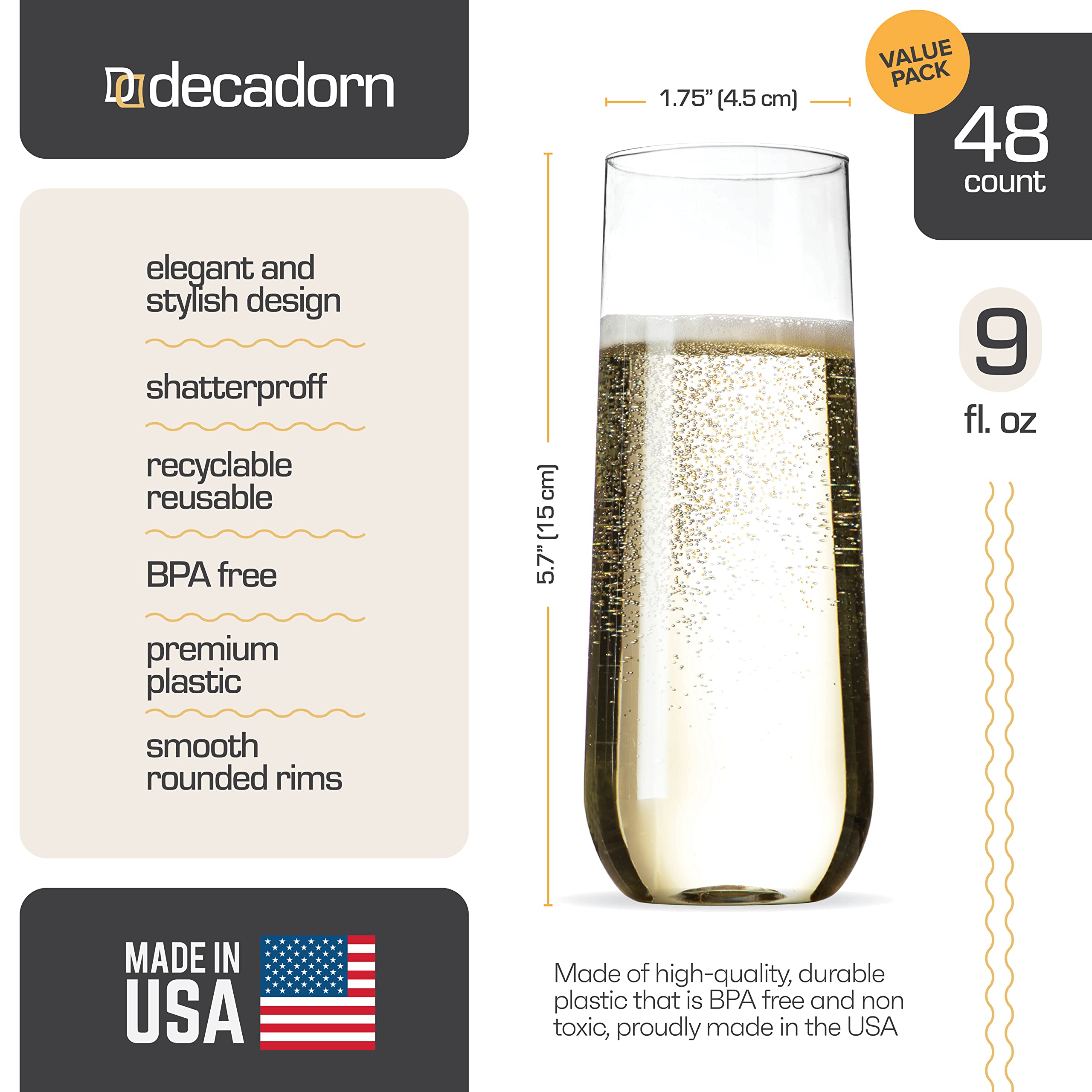 DECADORN Clear Stemless Champagne Flutes BPA-Free

