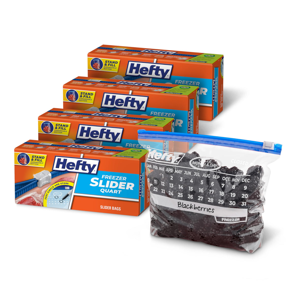 Hefty Calendar Slider Freezer Bags with Date Label & Strong Seal
